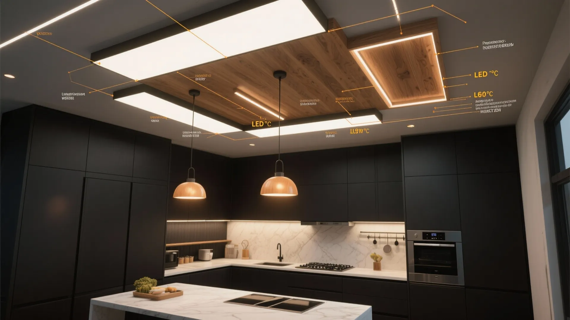 Kitchen lighting plan showing ceiling light fixtures and hanging lamps over a marble island table