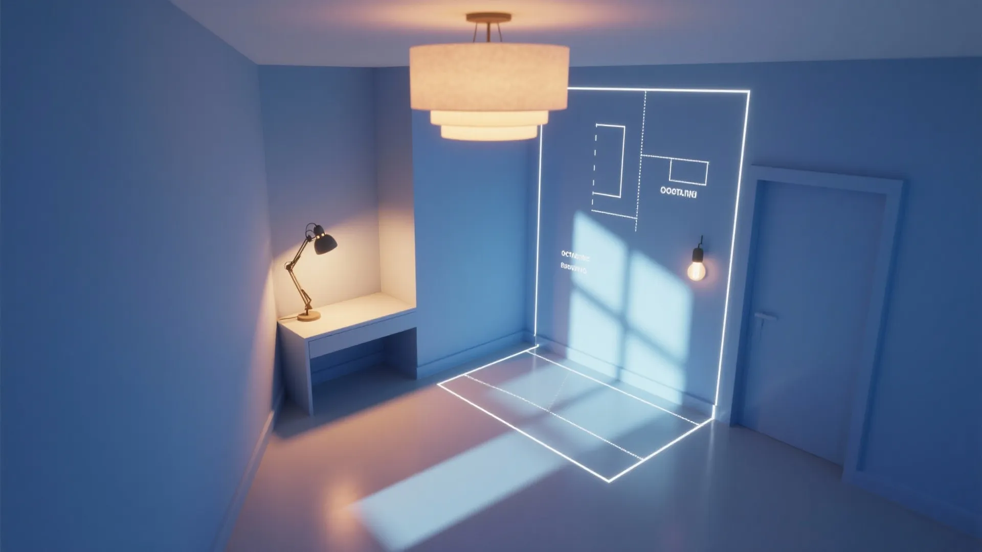 Blue room interior design drawing showing room layout with a ceiling light and desk lamp
