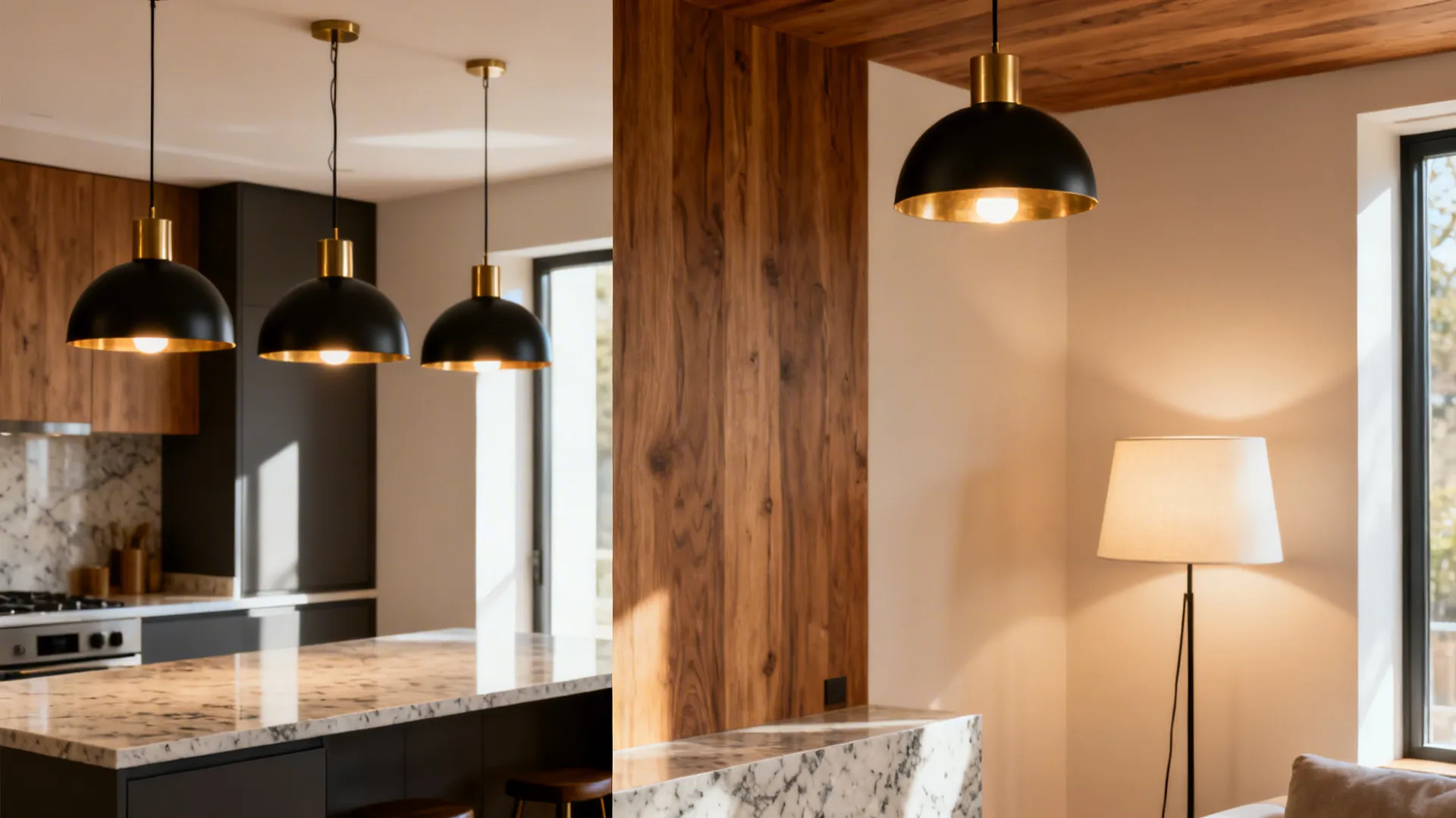 Pendant lights above an island and a floor lamp in a living nook with matching metal finishes.