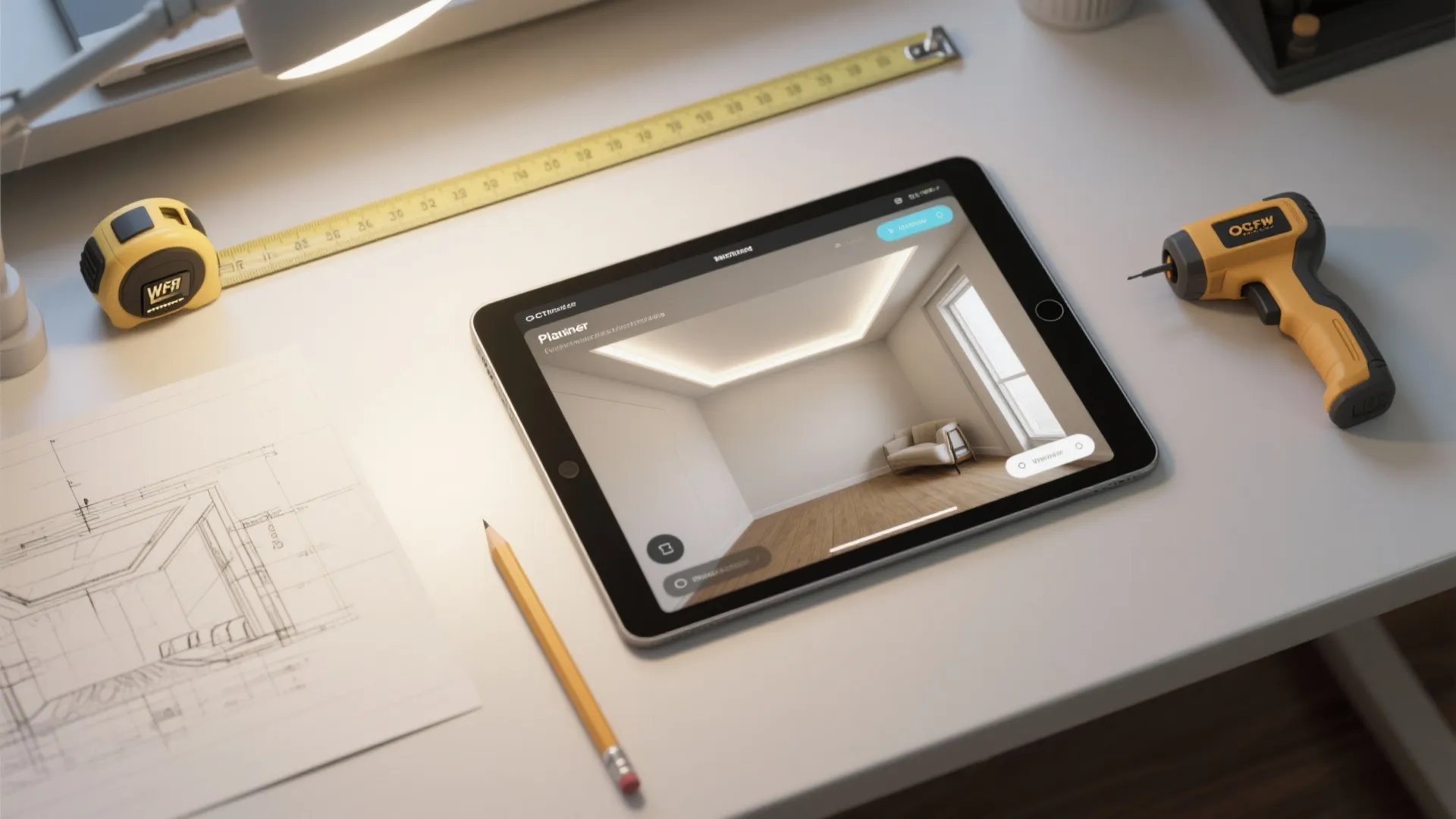 Tablet showing room layout on desk with measuring tape pencil and interior design drawing paper