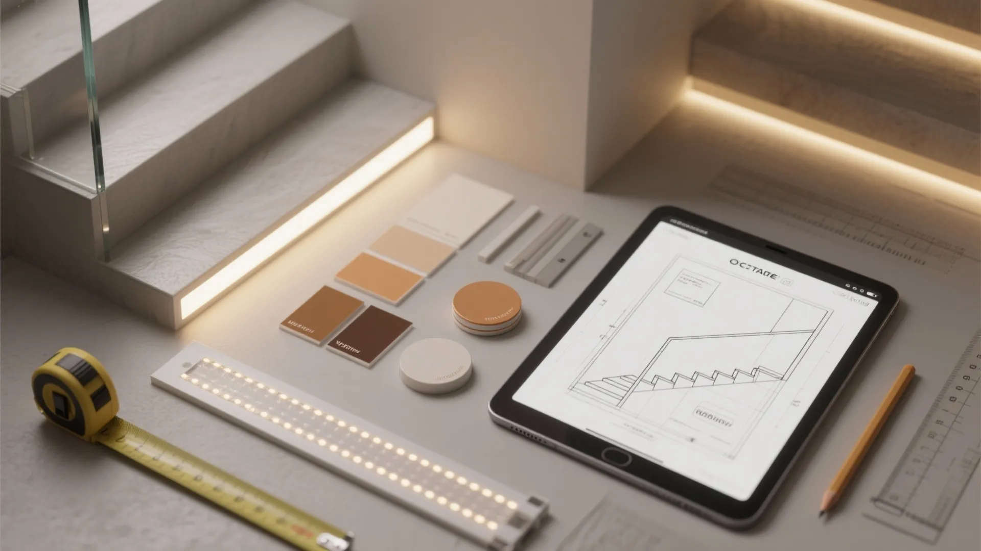 Flatlay of LED samples, diffuser, paint swatches and a tablet showing a 3D stair layout