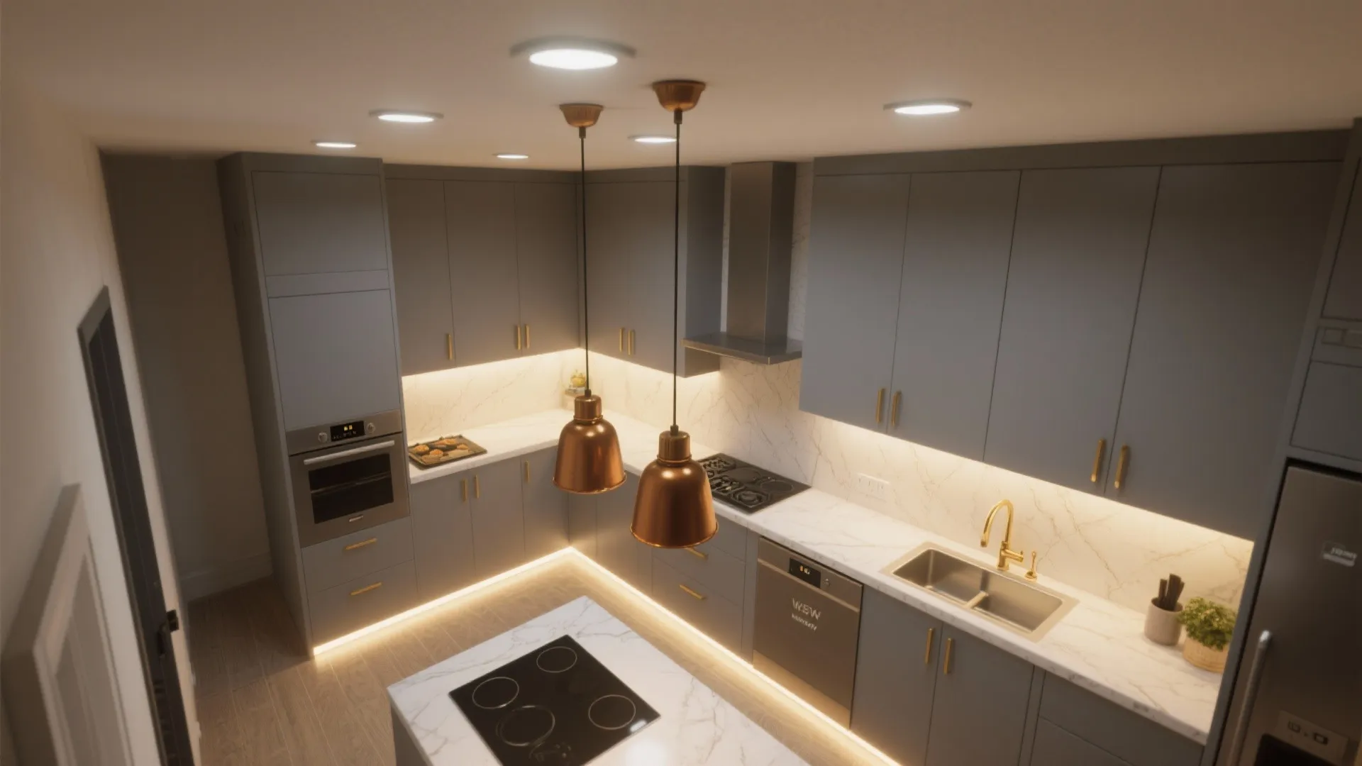 Modern grey kitchen with marble counters copper ceiling light warm cabinet lighting and island sink