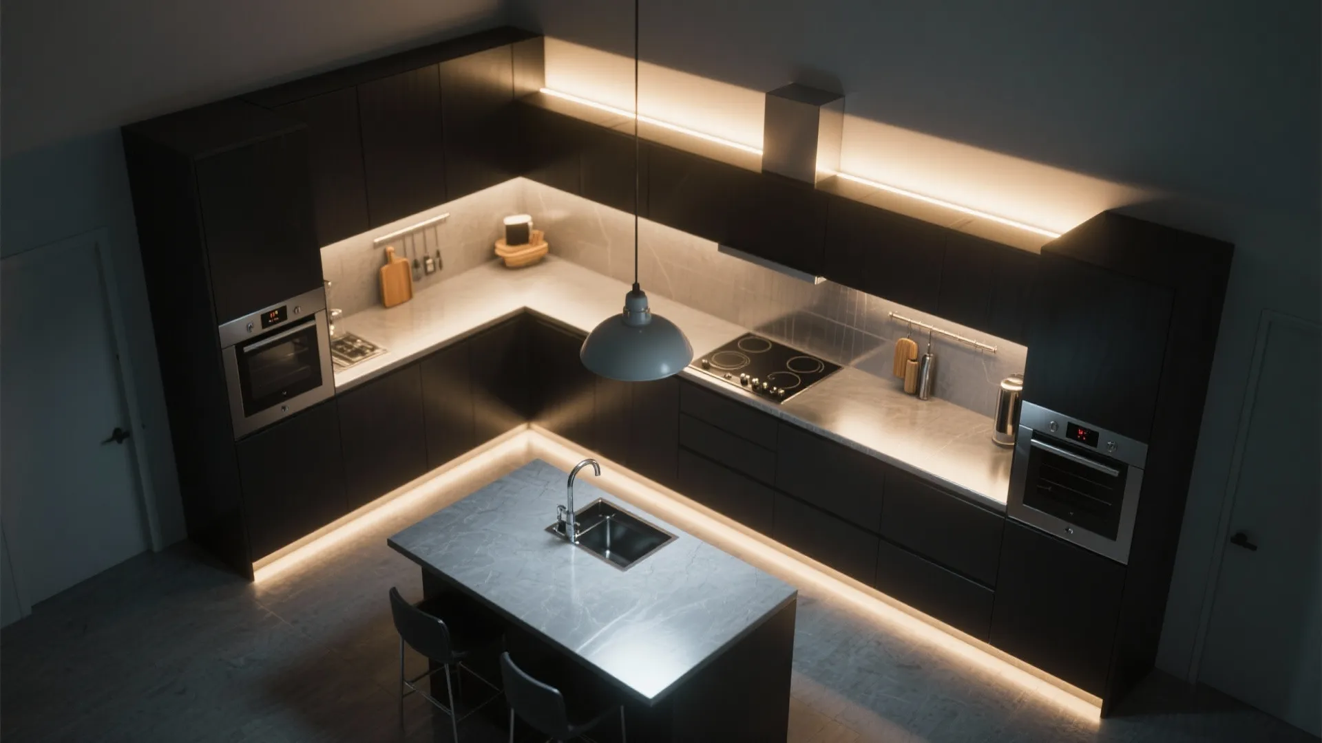Kitchen lighting plan showing under-cabinet LEDs and pendant lighting making black cabinets and stainless pop.