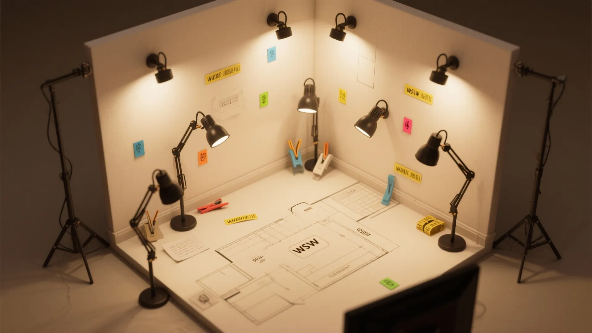 Interior design drawing with black desk lamps illuminating a white floor plan in miniature studio
