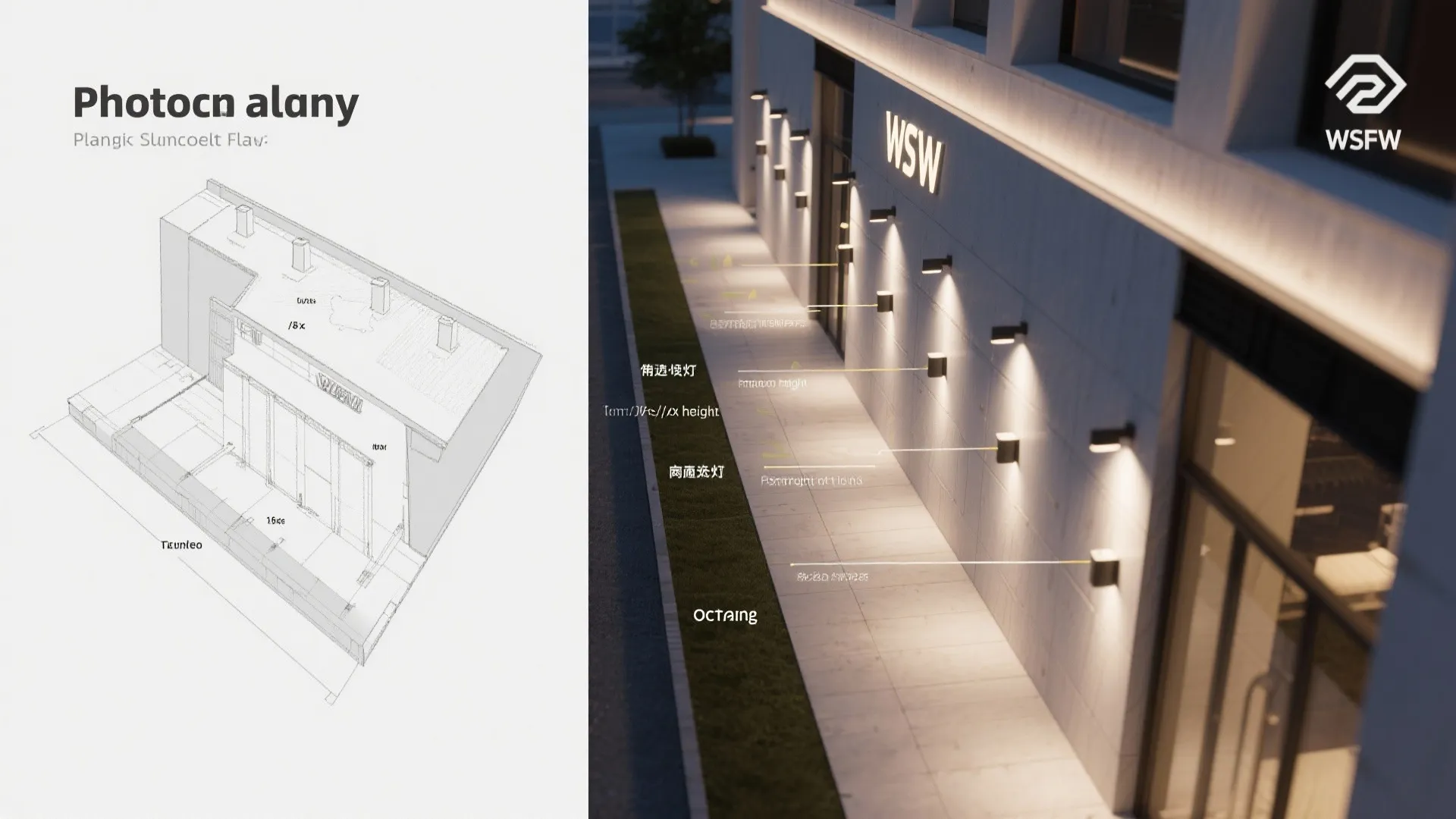 Interior design drawing comparison with a realistic outdoor building wall light layout and technical sketch