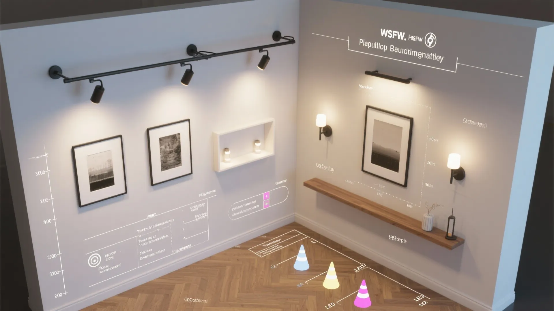 Interior design drawing showing a lighting plan with track lights wall lights and framed art
