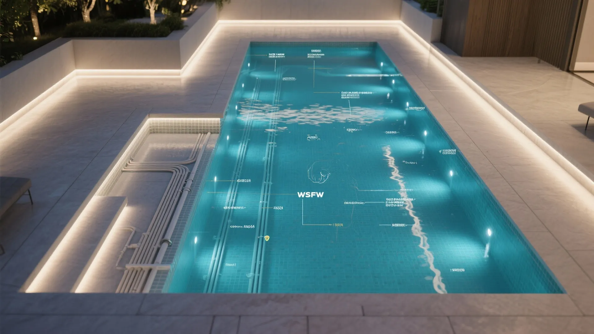 Interior design drawing showing a swimming pool lighting plan with blue water and floor lights