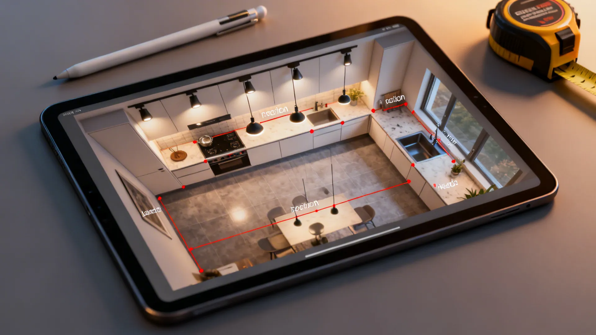 Top-down tablet mockup showing a kitchen lighting layout with annotated zones and tools