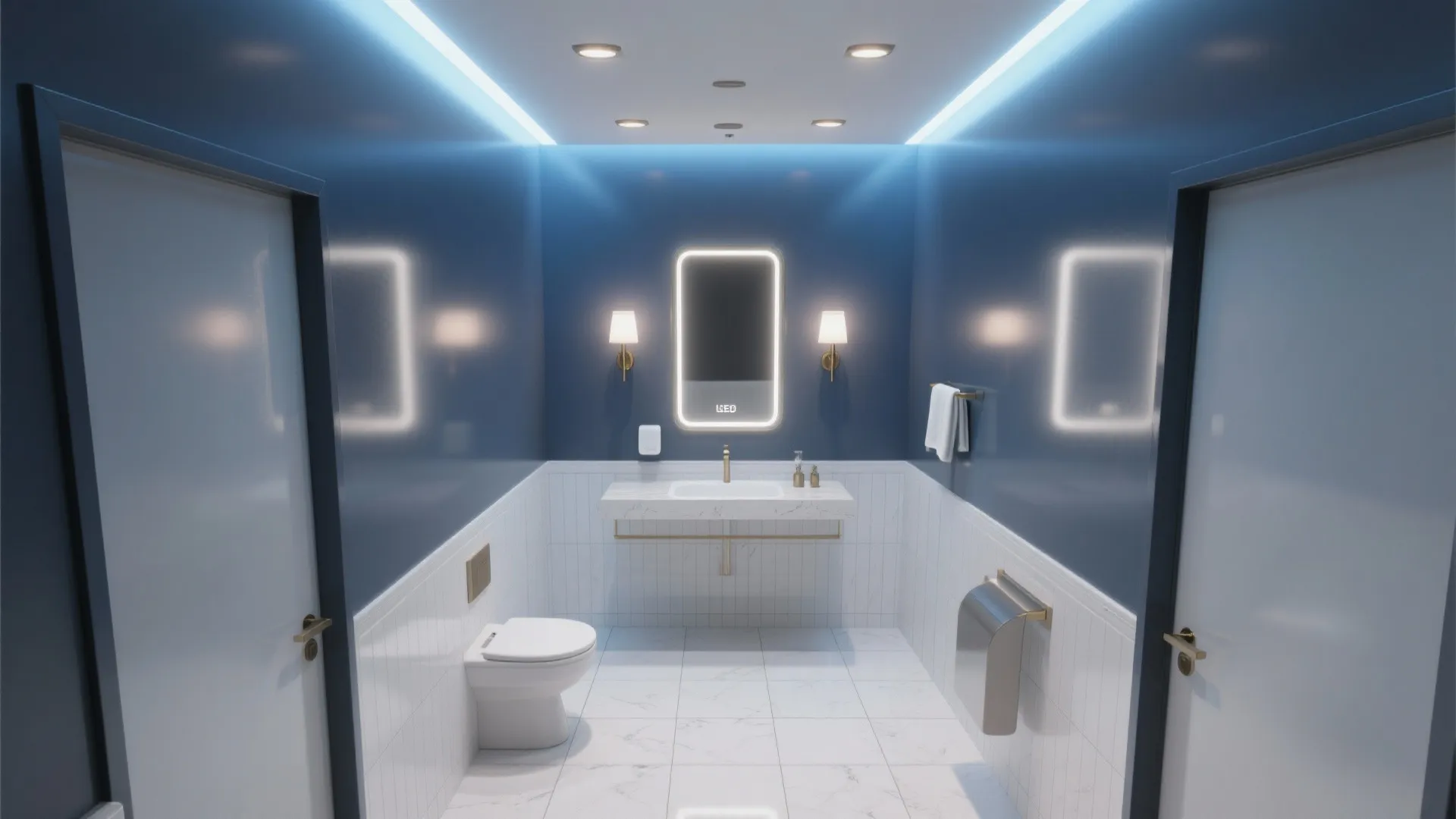 Small navy blue bathroom with white wall panels glowing wall light and integrated ceiling lights