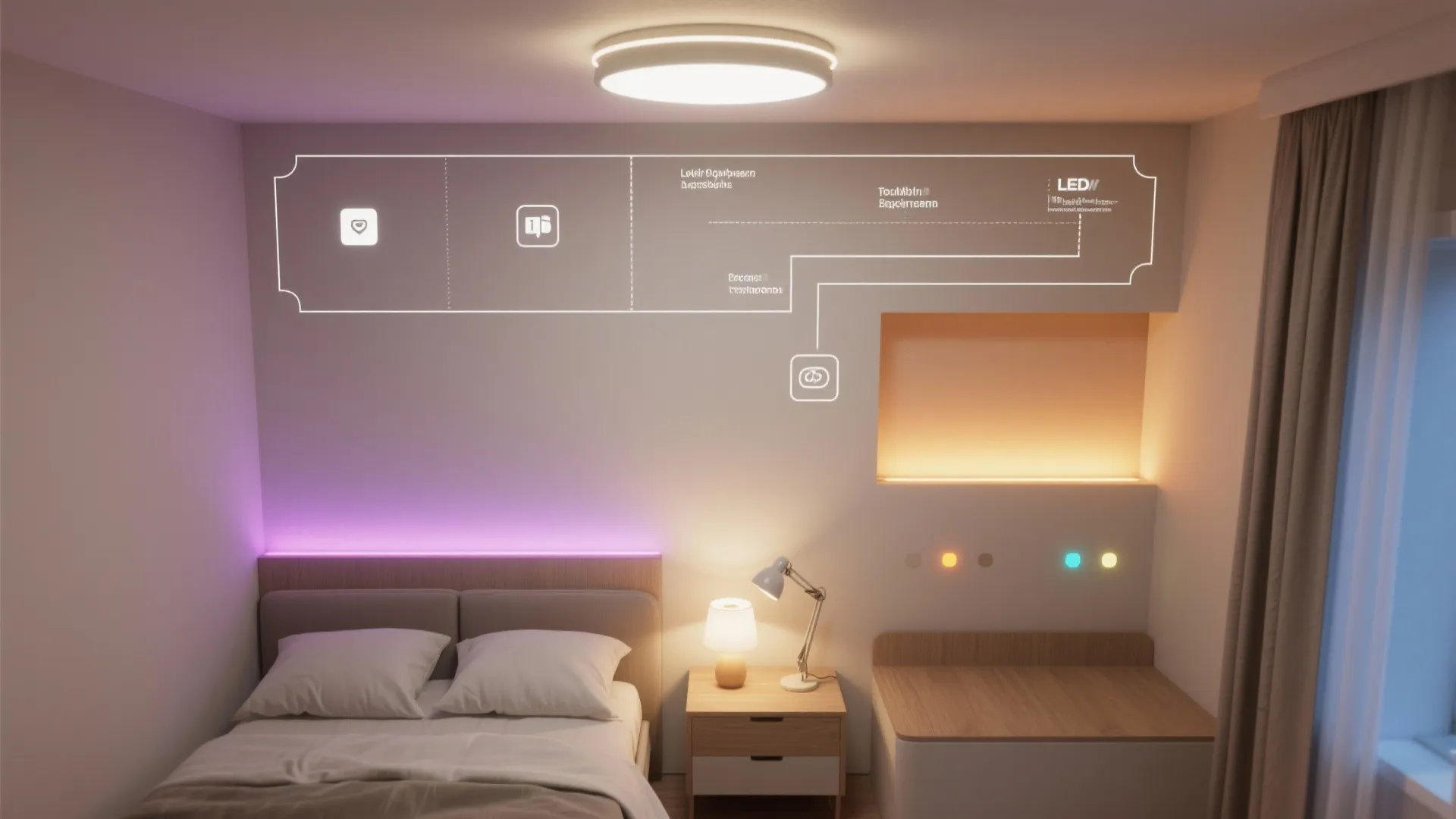 Overhead lighting plan showing ceiling, task, and accent lights with warm and cool LED indicators