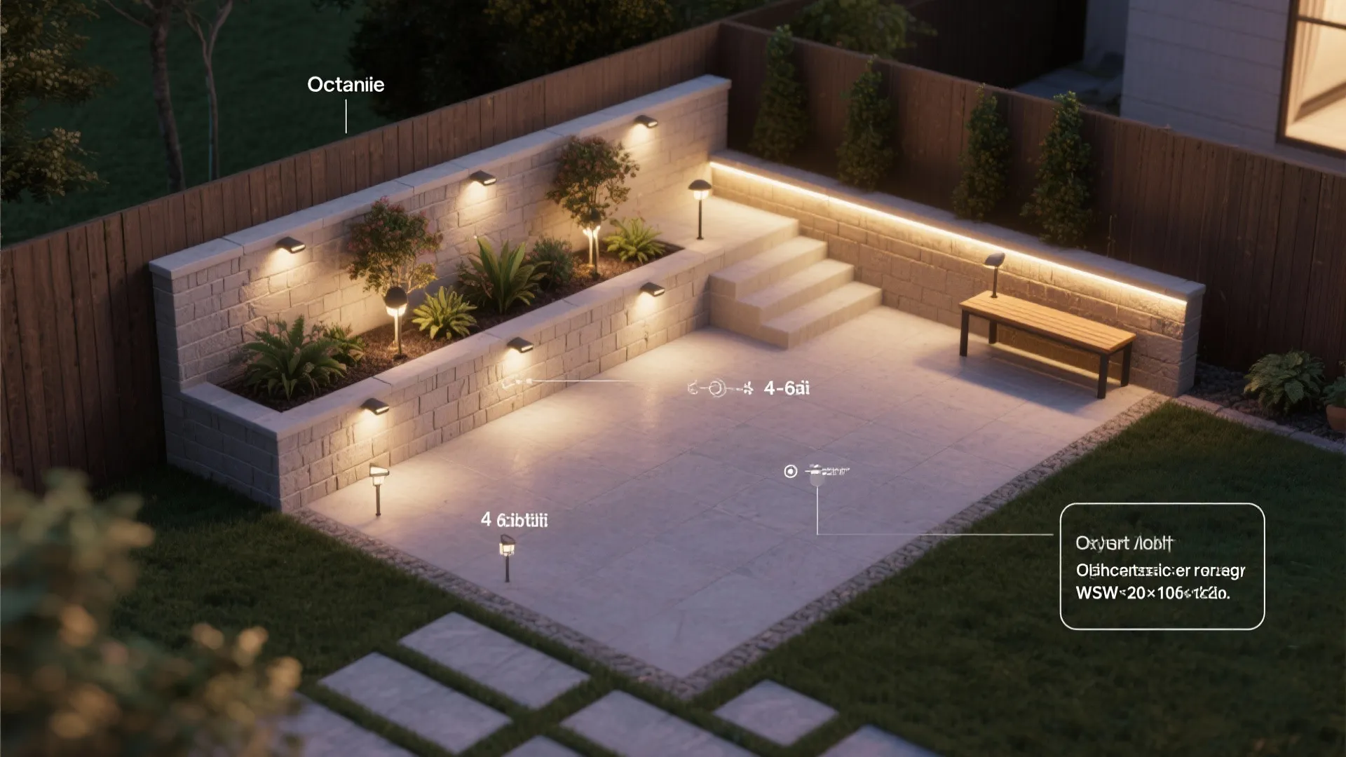 Backyard patio layout drawing showing wall light fixtures and outdoor path lighting for garden design