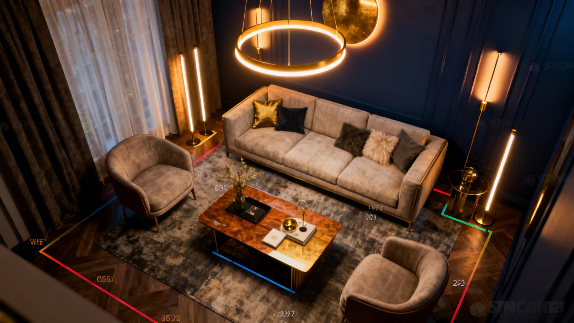 Layered lighting plan showing warm pendant and floor lamps balancing navy and grey tones