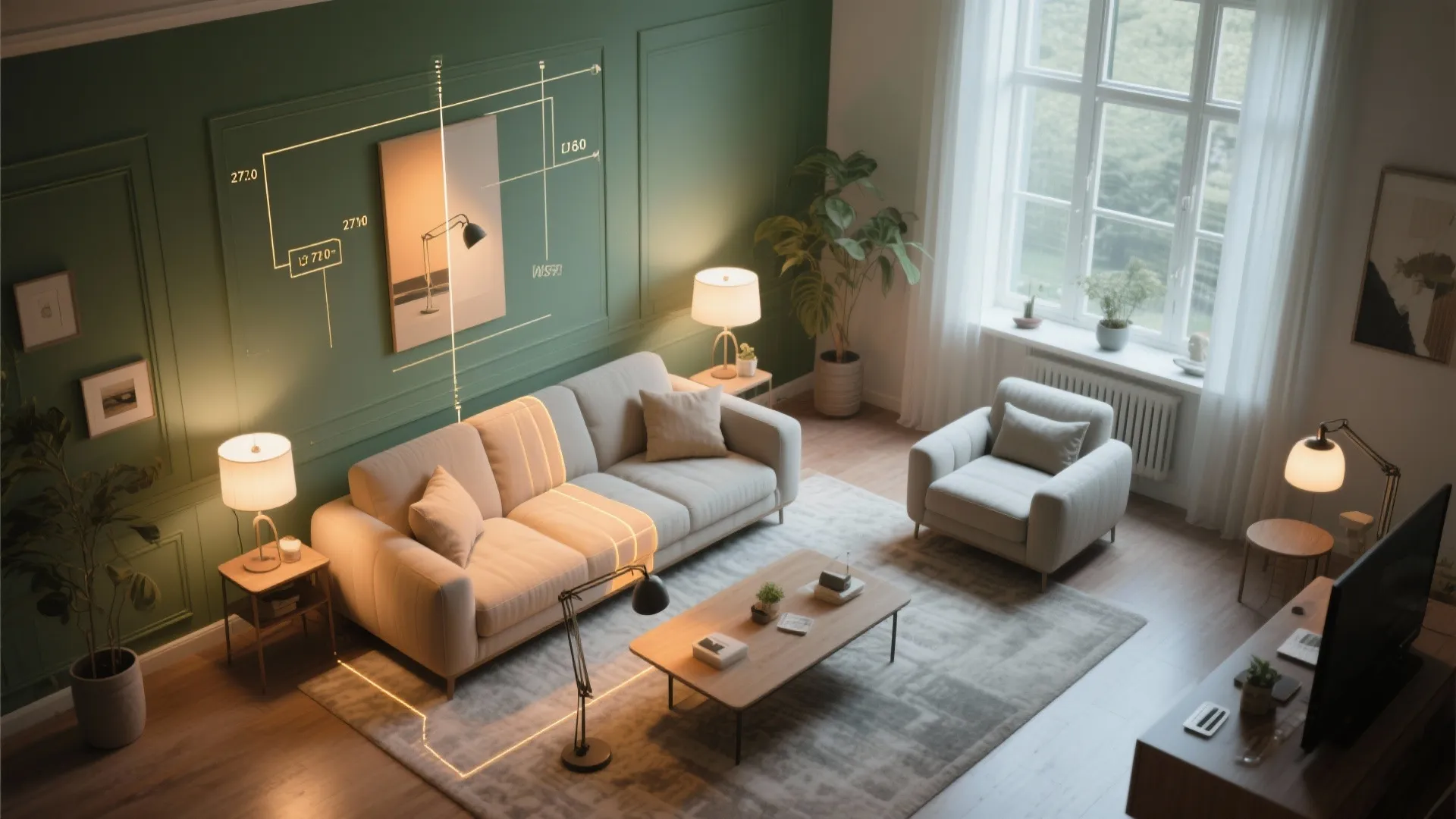 Interior design drawing showing room layout with measurements over sofa coffee table and table lamps
