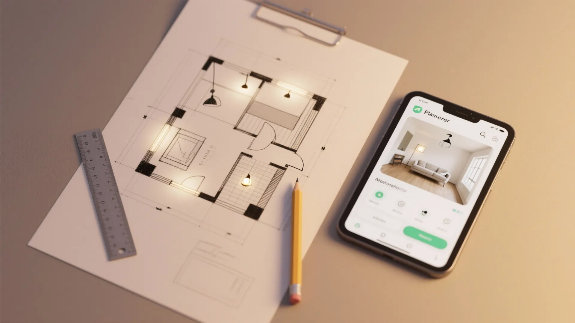 Sketch of a floor plan with marked lighting zones and a tablet room planner