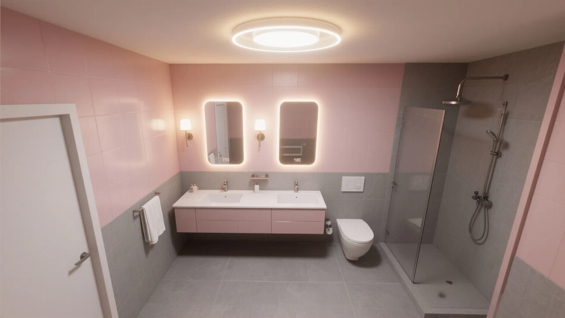 Bathroom interior design with round ceiling light glowing mirrors pink walls and glass shower door