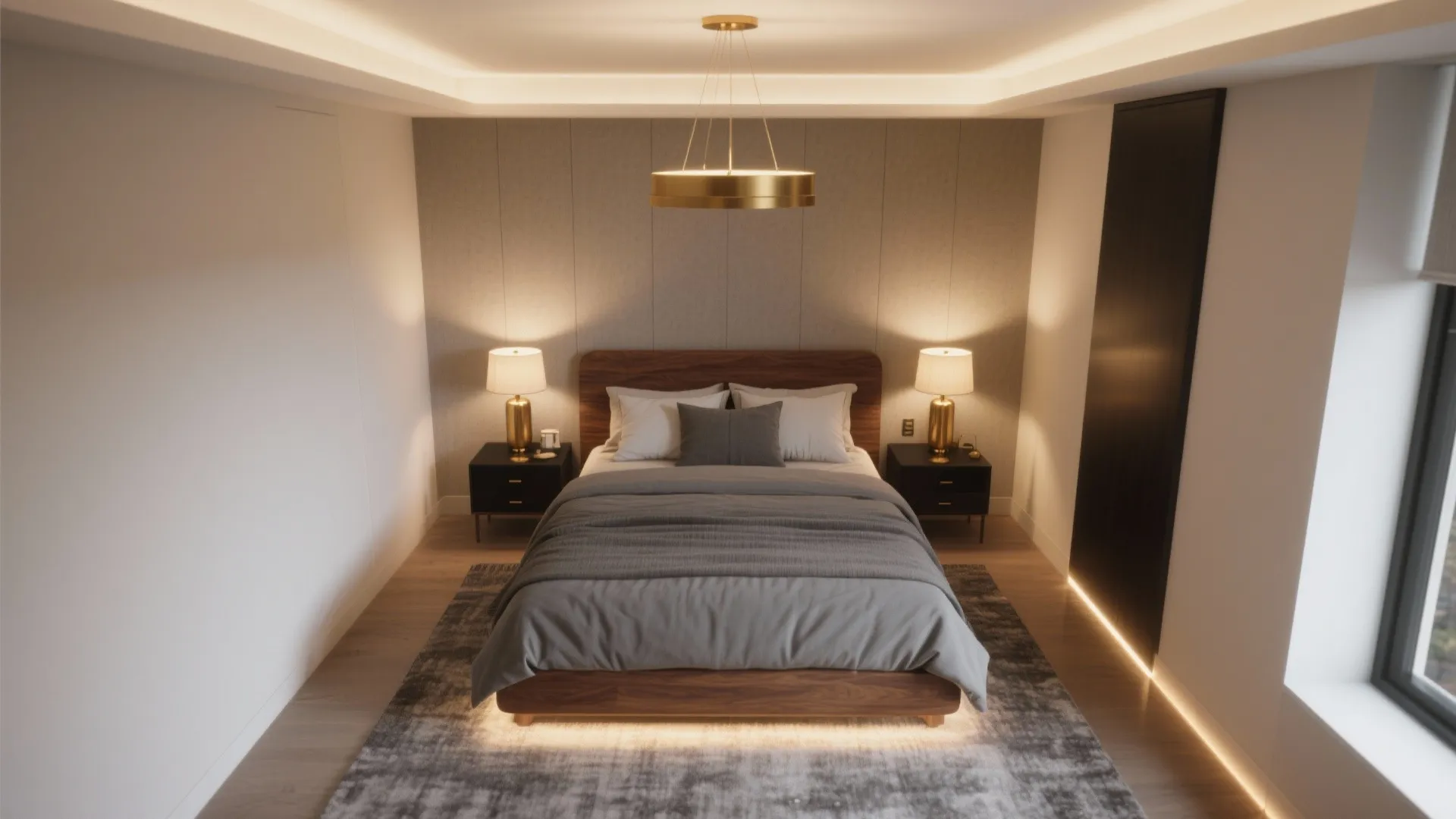 Top view of a modern bedroom with a golden ceiling light and lamps on tables