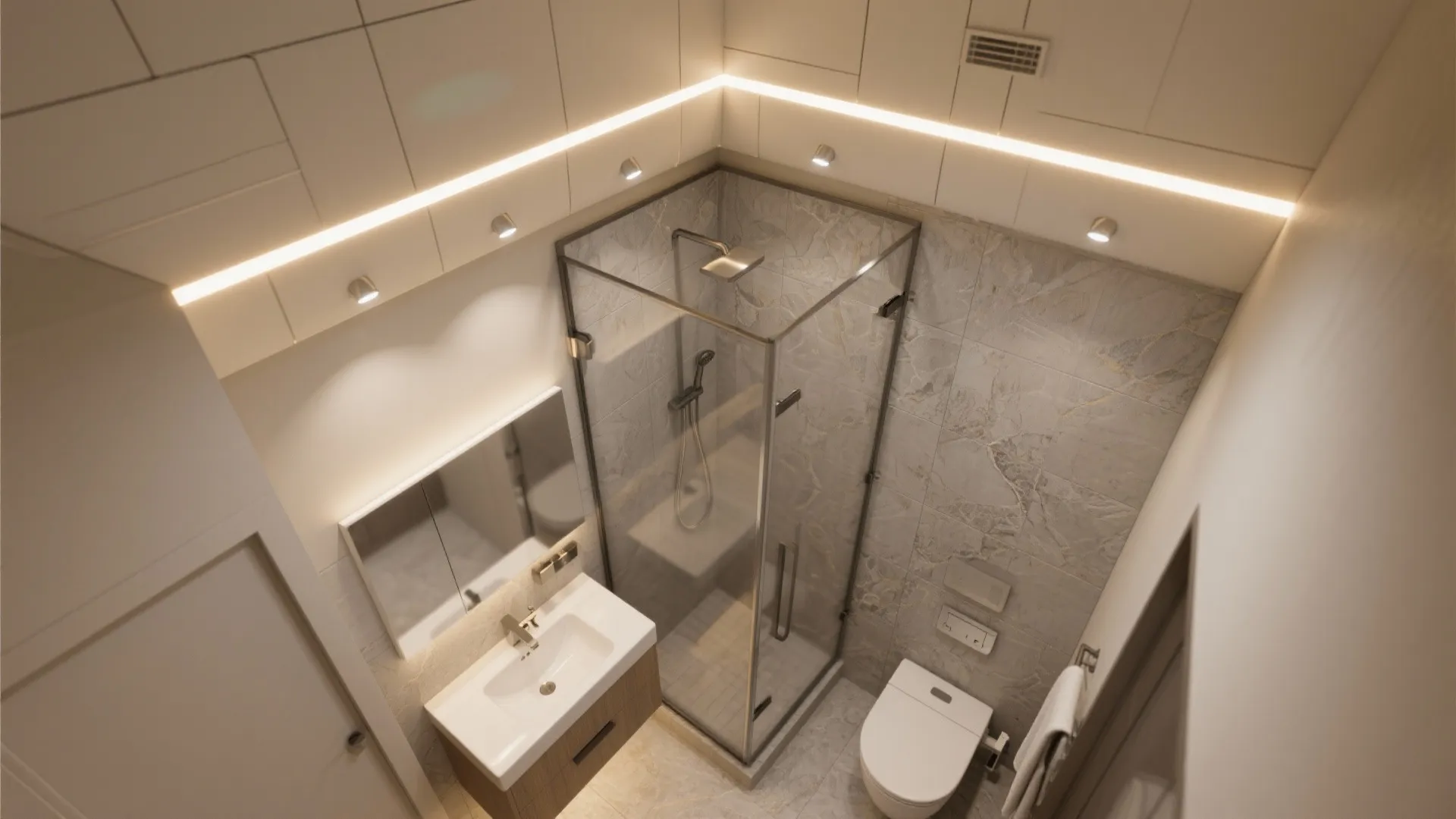 Modern bathroom top view with glass shower cabinet white toilet sink and bright ceiling light
