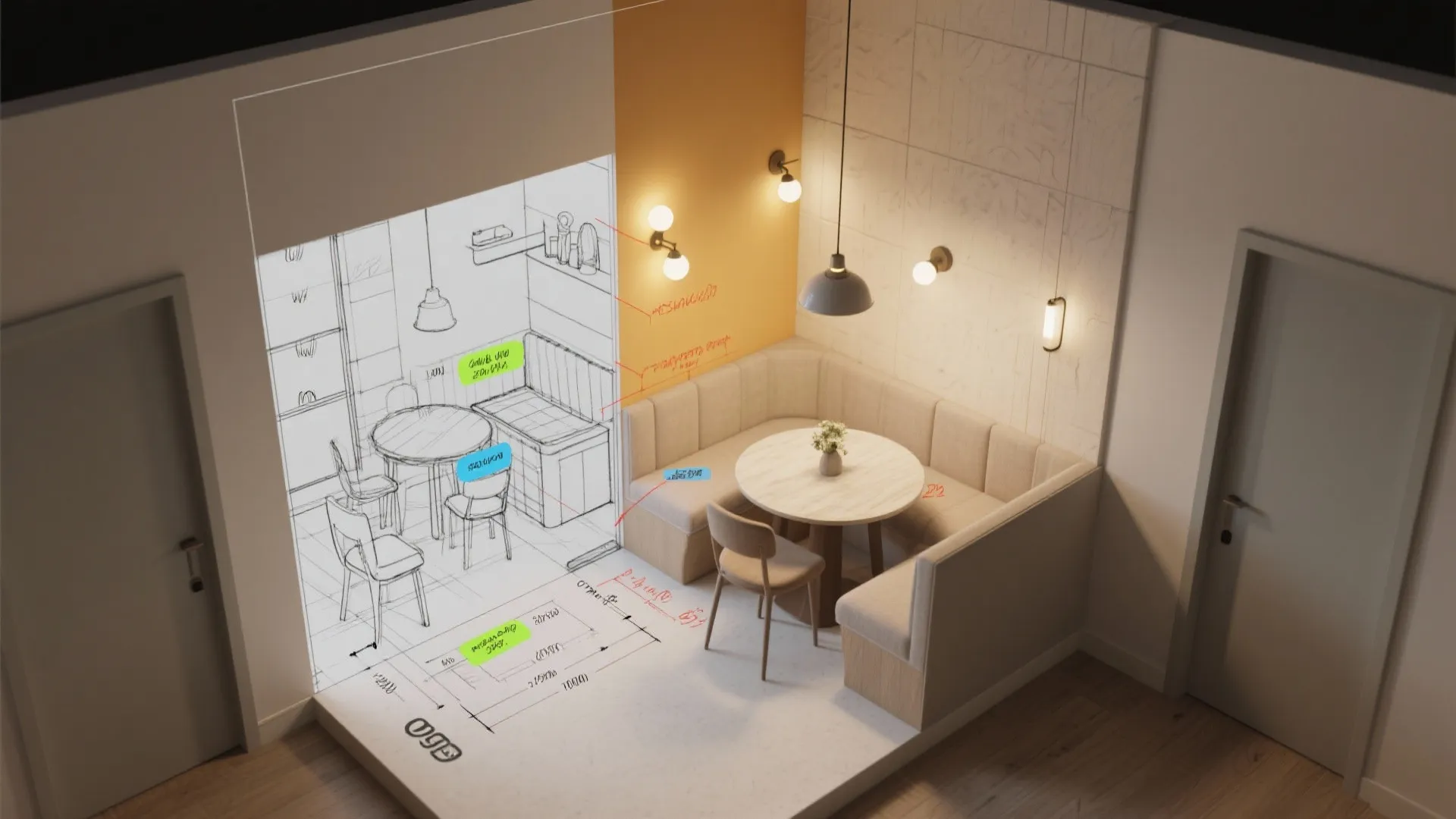 Top-down planning layout for a dining nook showing feature wall zones, lighting placement and scale annotations.