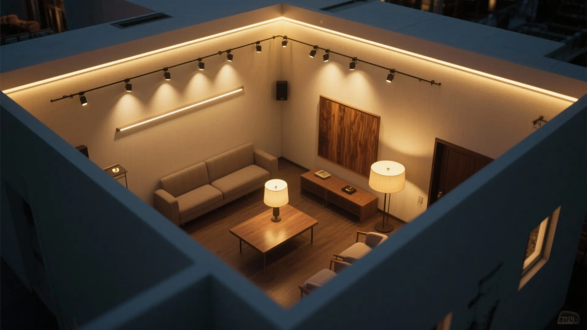 Interior design drawing showing room layout with warm track lights floor lamp sofa and coffee table