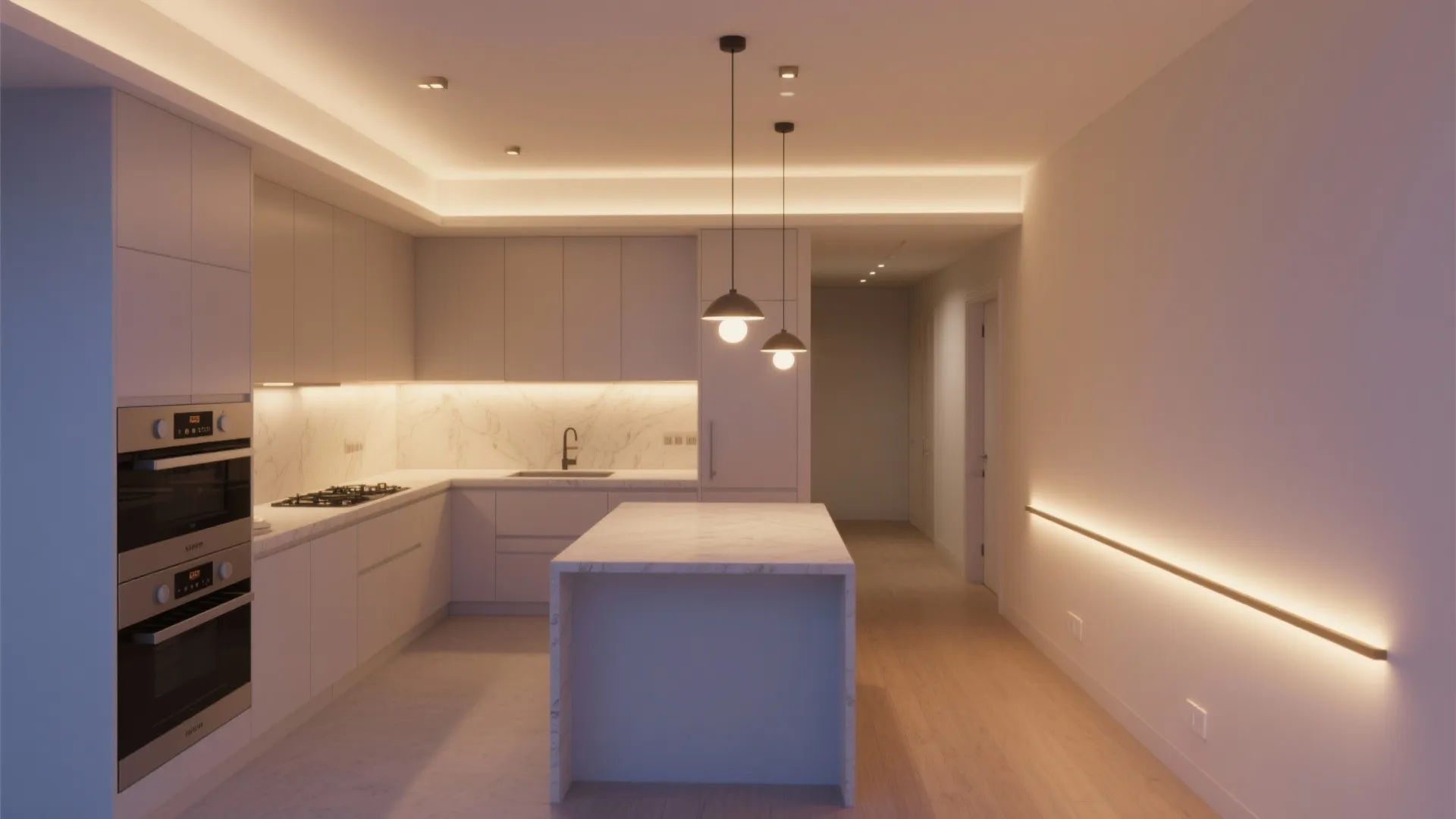 Layered lighting to lead the hall