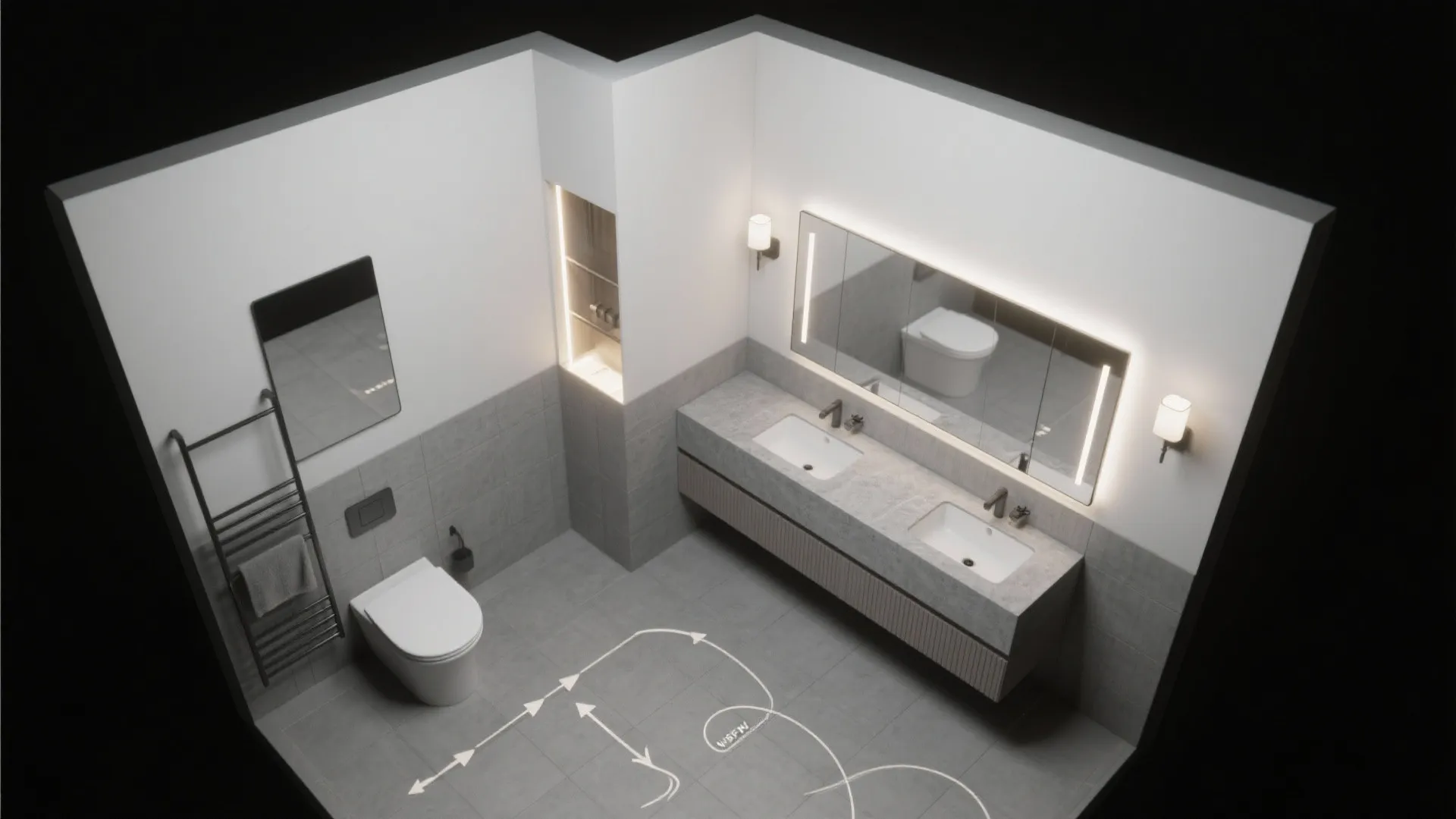 Interior design drawing showing bathroom layout with double sink cabinet toilet wall lights and arrows