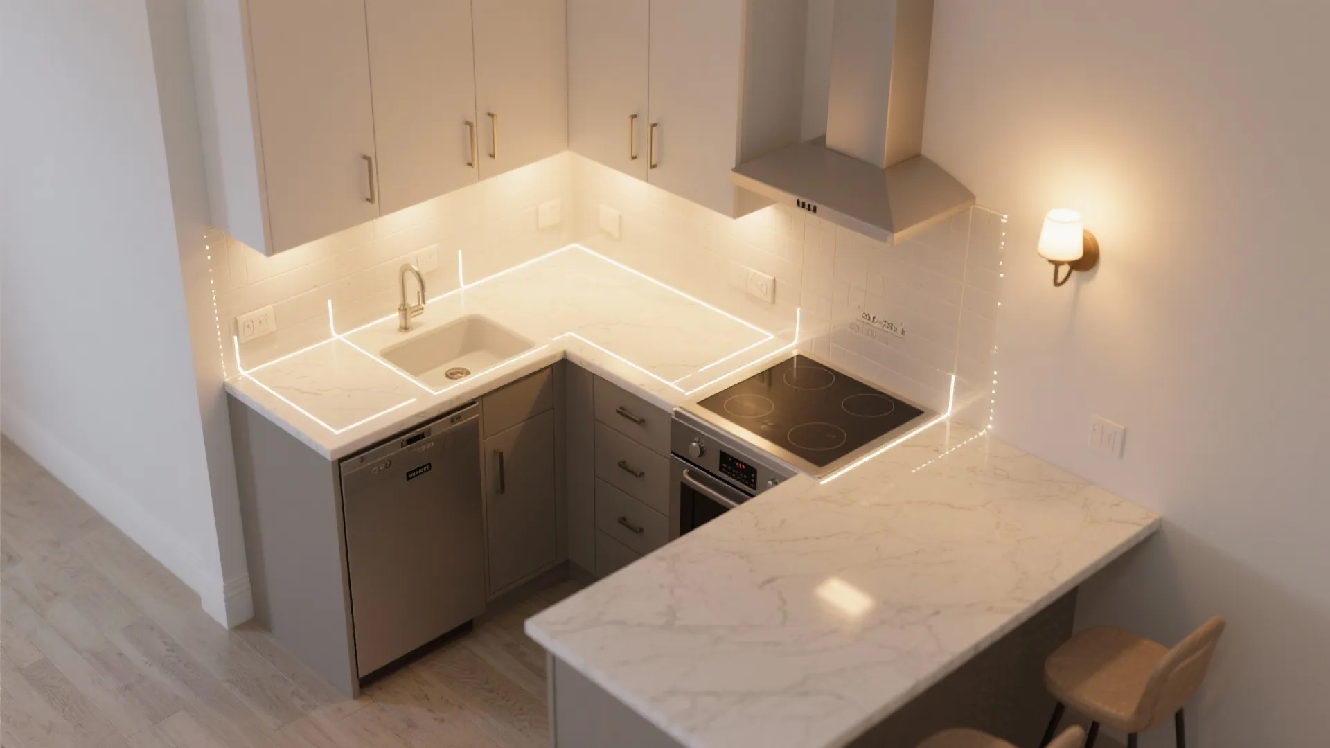Flexible lighting layers for tiny kitchens