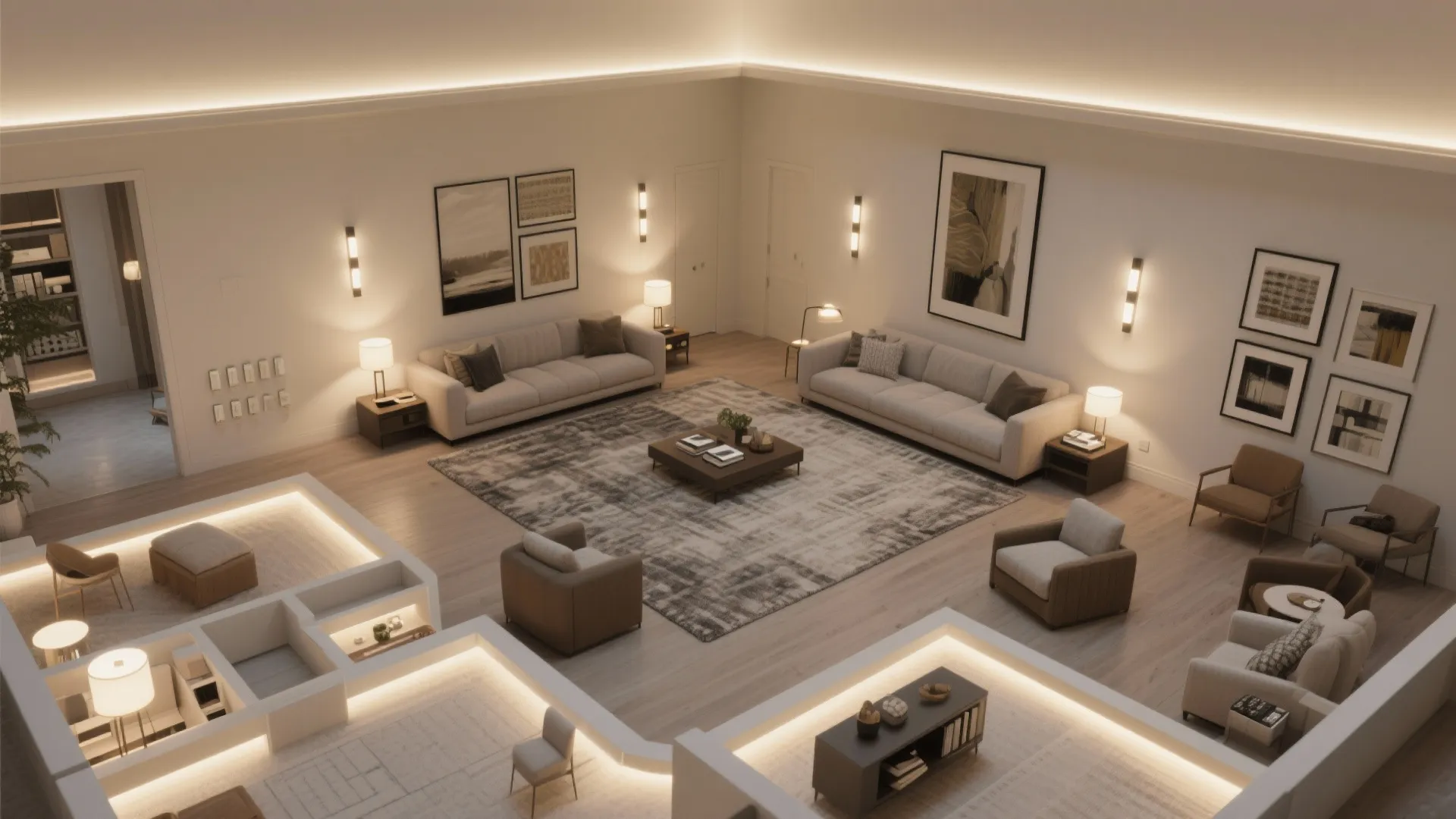 Top view of a spacious living room layout showing sofas armchairs rugs and multiple lights
