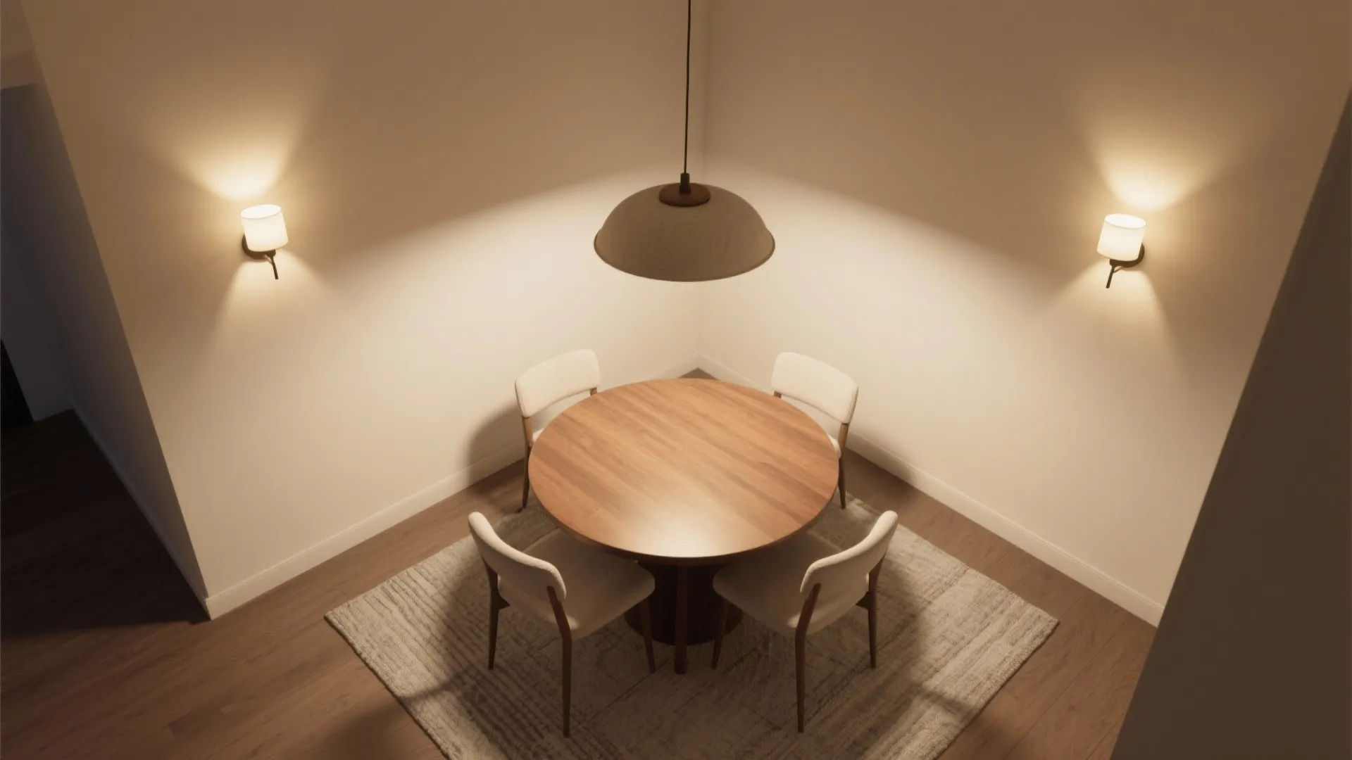 Round wooden dining table with four chairs under a ceiling light and two wall lights