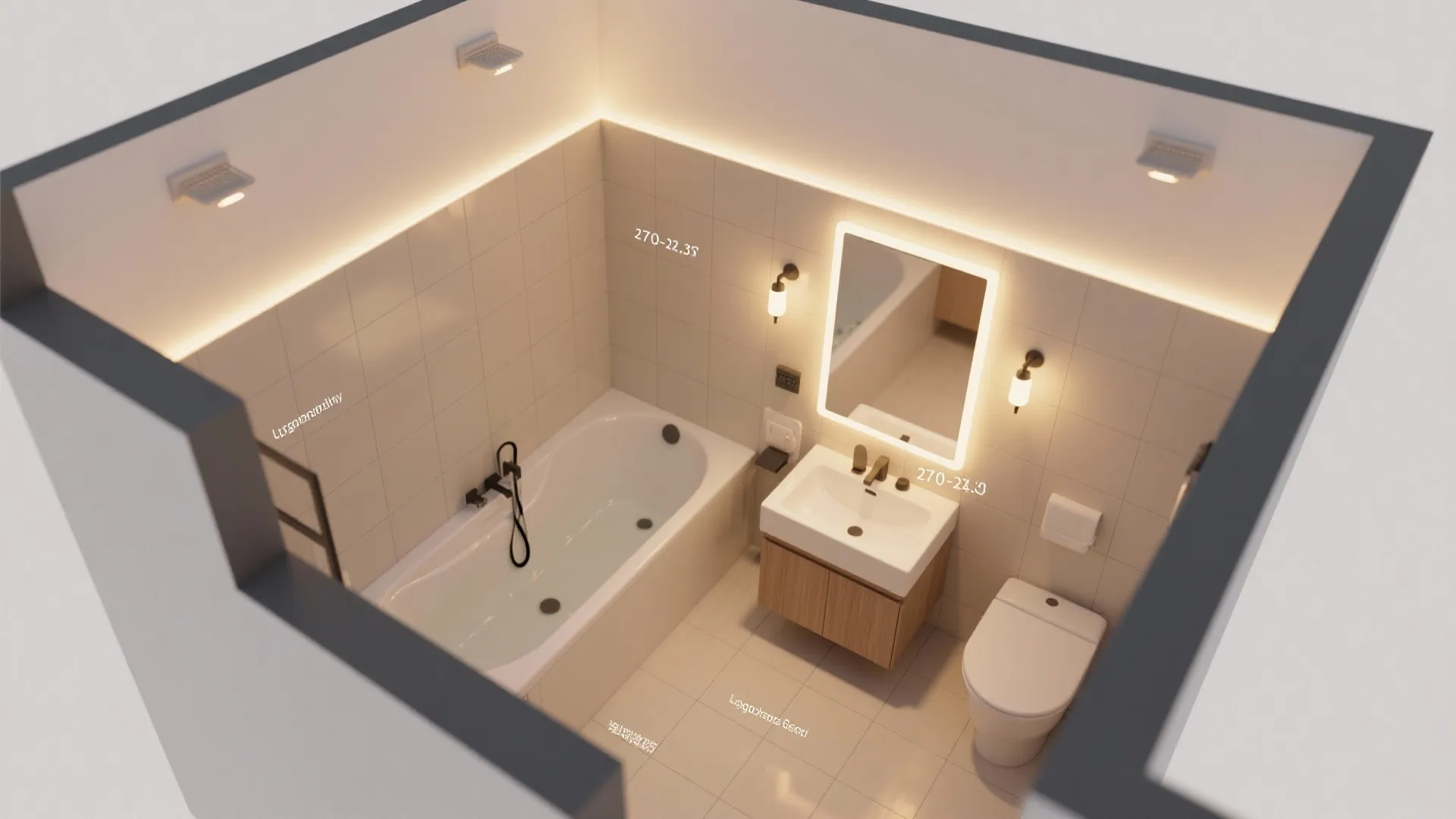 Top-down view showing ambient, task, and accent lighting zones around a jacuzzi tub.