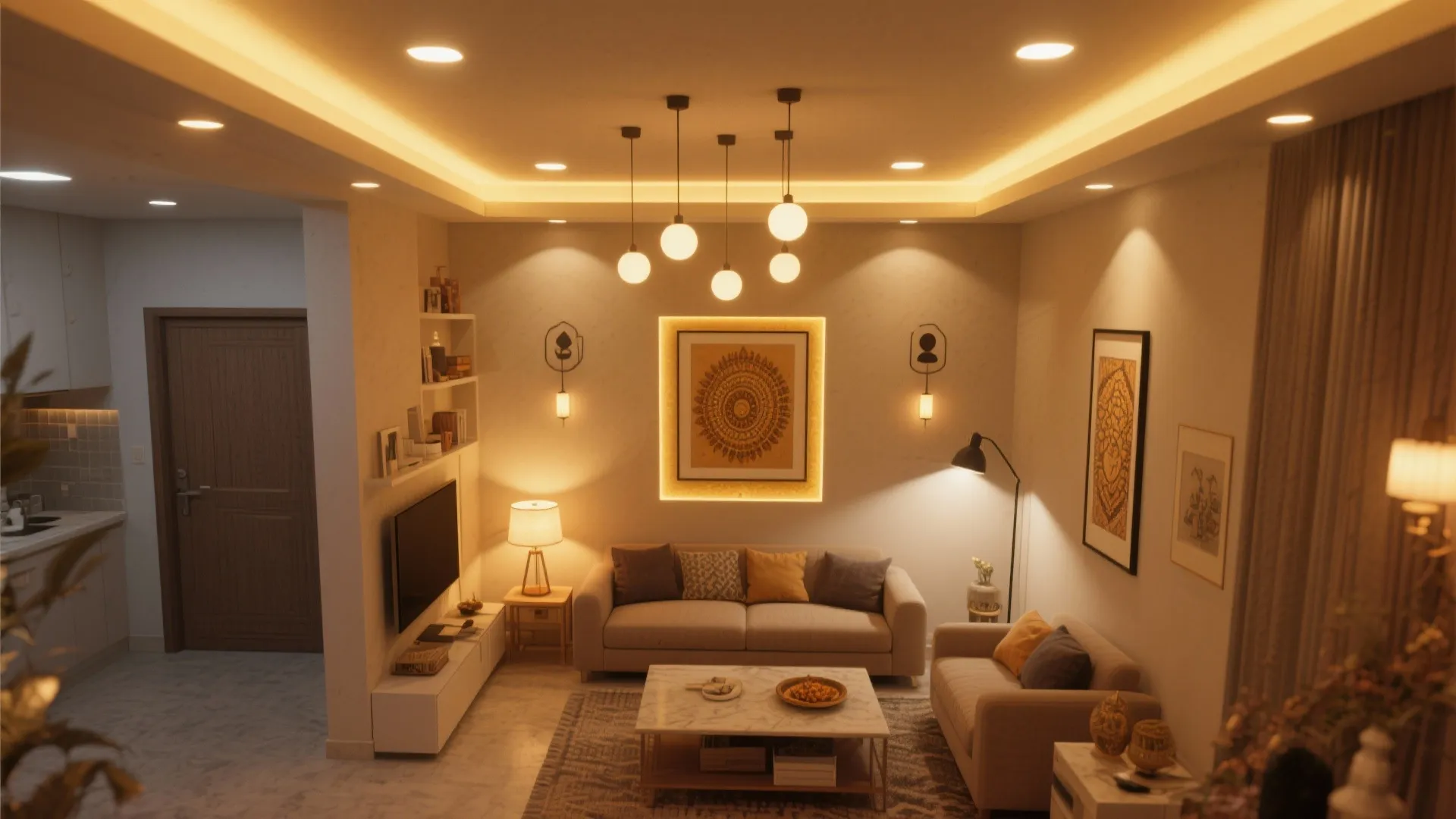 Modern living room with warm lighting from ceiling lights floor lamp and also table lamp