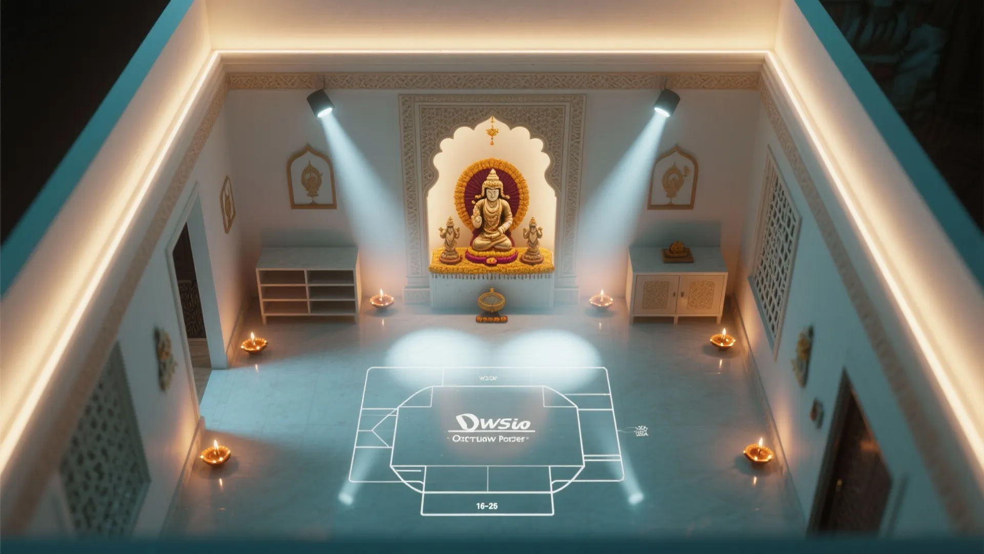 Top view interior design drawing of prayer room showing floor lighting plan and furniture layout design