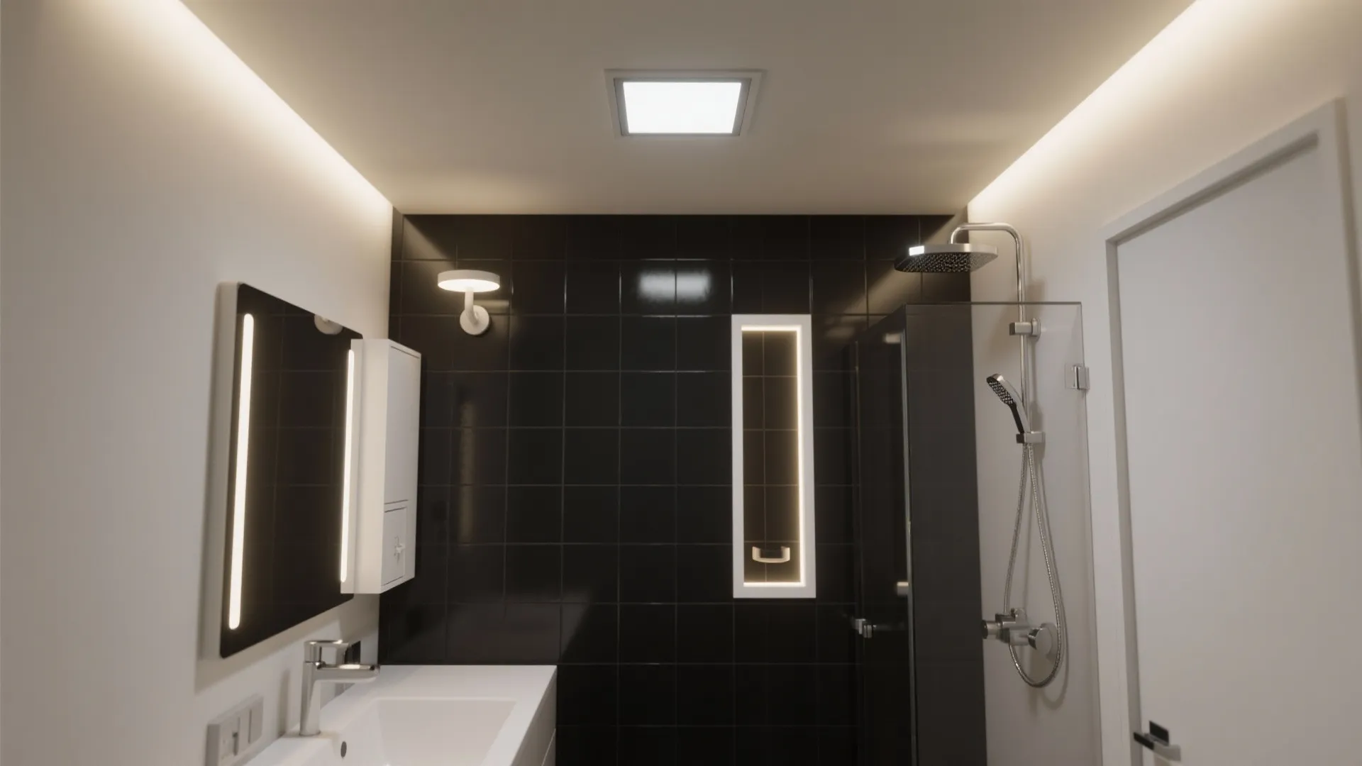 3) Glossy Black Tile with Strategic Lighting