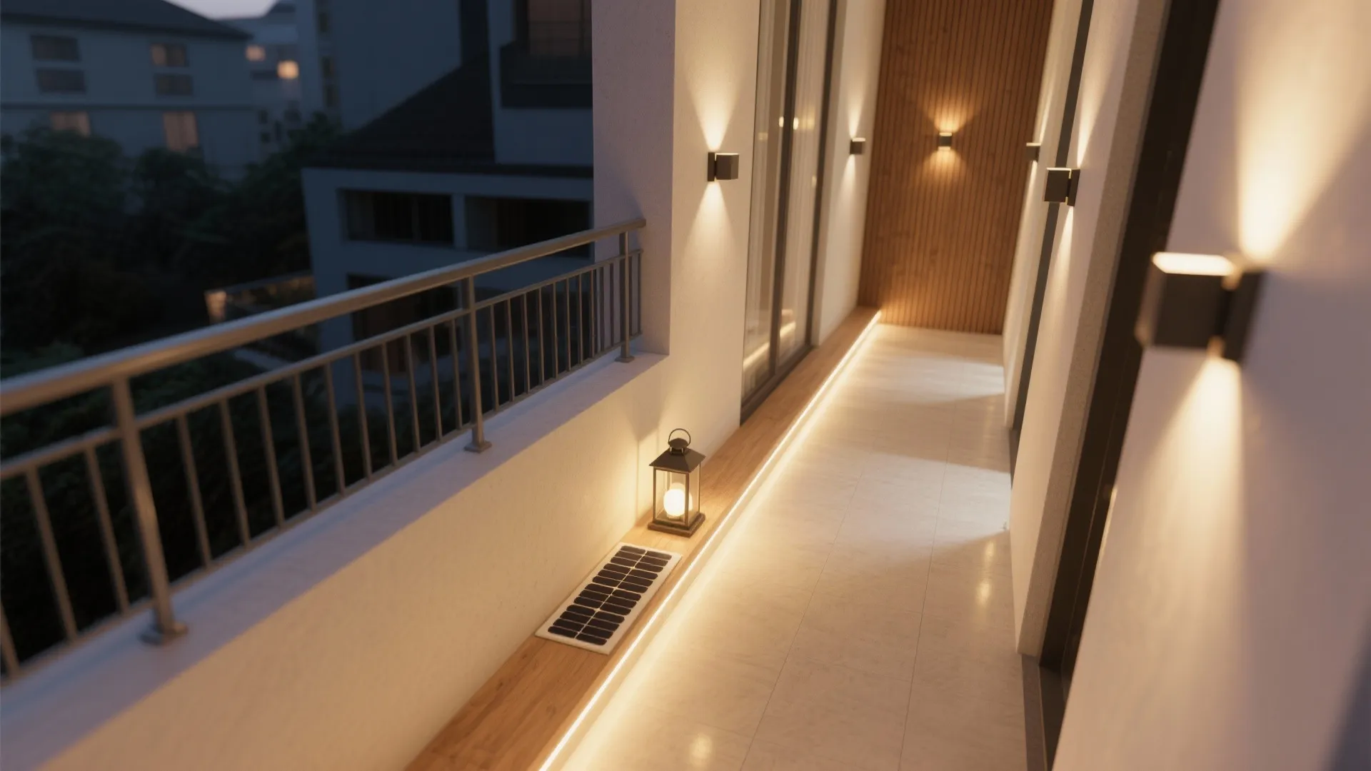 Modern balcony at night with warm wall lights solar panel and a lantern on wooden ledge