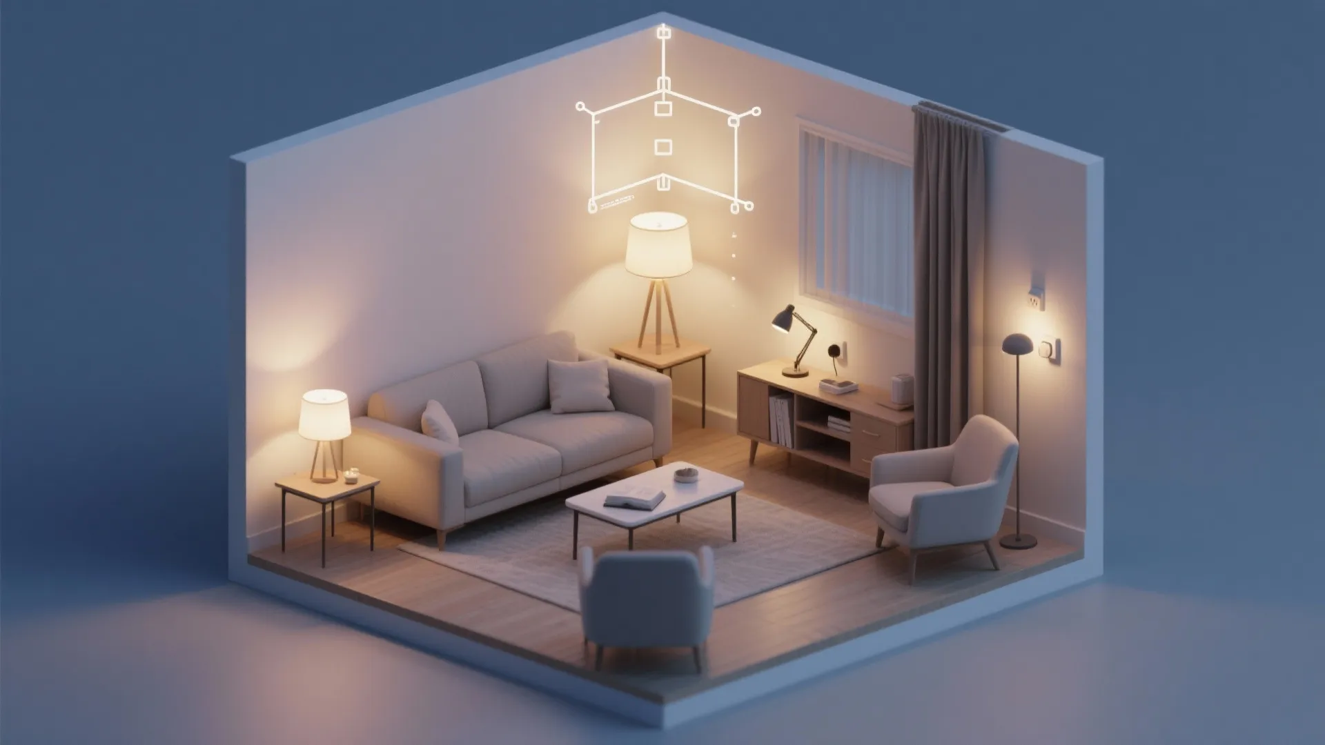 Top-down layout showing lamp and task light placement to create layered lighting zones.