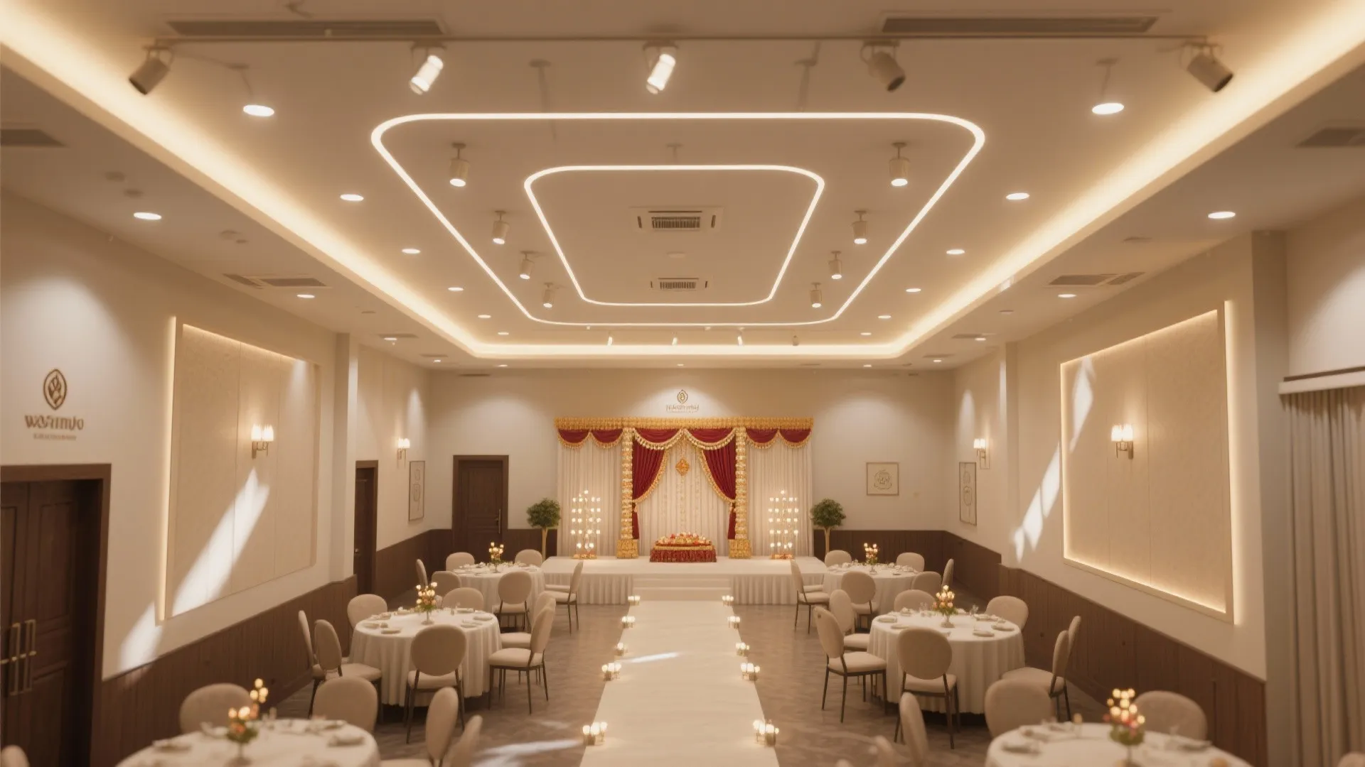 Elegant interior design drawing of a ballroom with round dining tables and many ceiling light fixtures