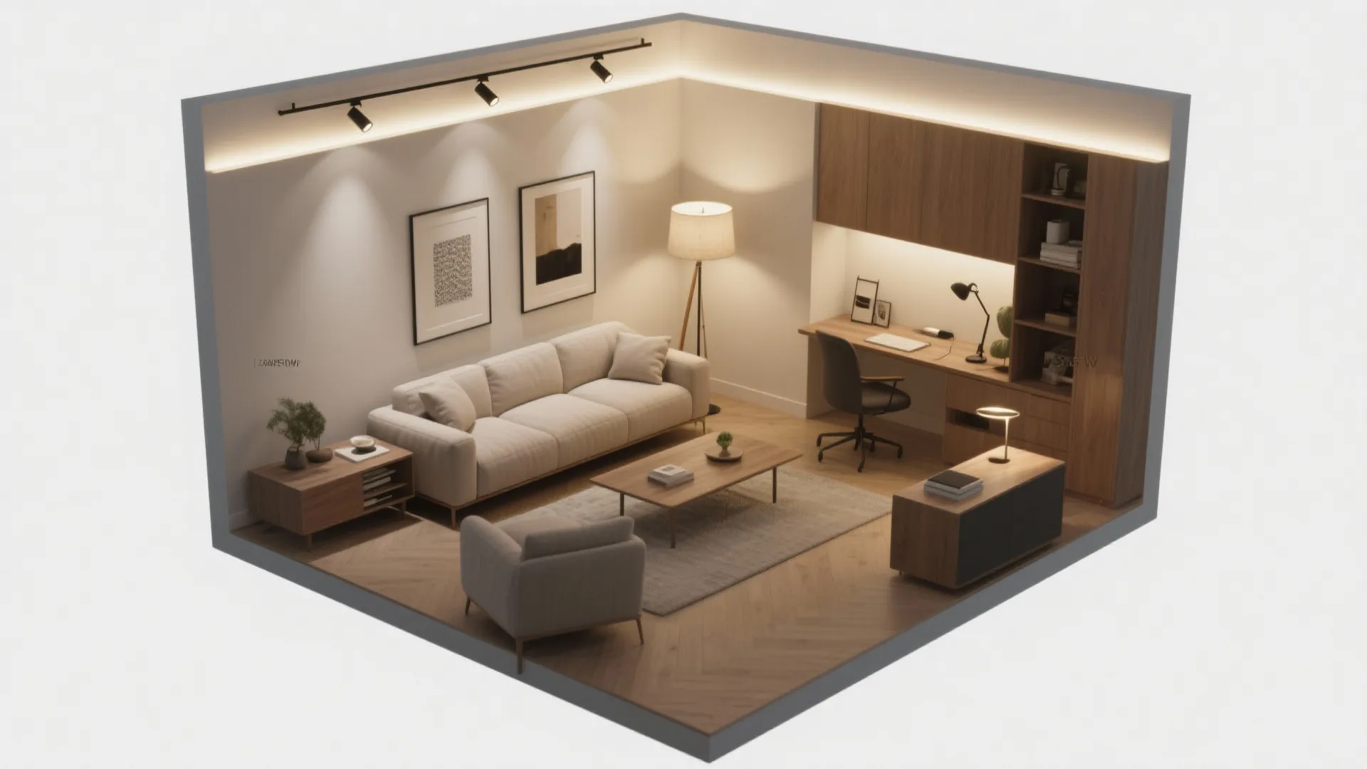 Flexible living room with layered lighting