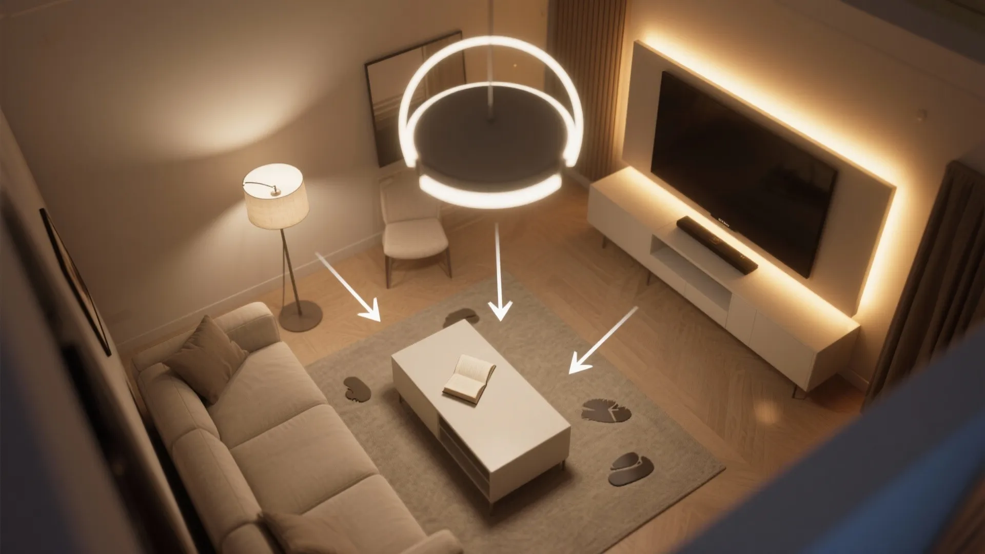 Interior design drawing showing a round ceiling light above a coffee table and white cabinet