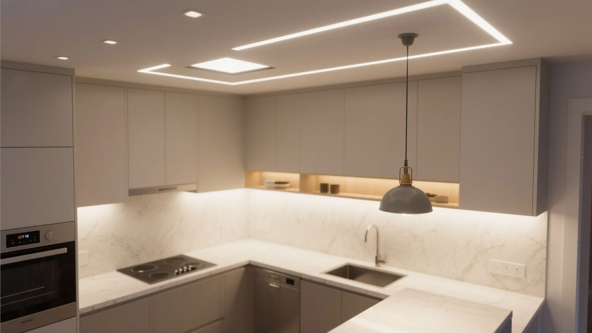 Kitchen interior design drawing showing ceiling light strips pendant light fixture and marble patterned walls