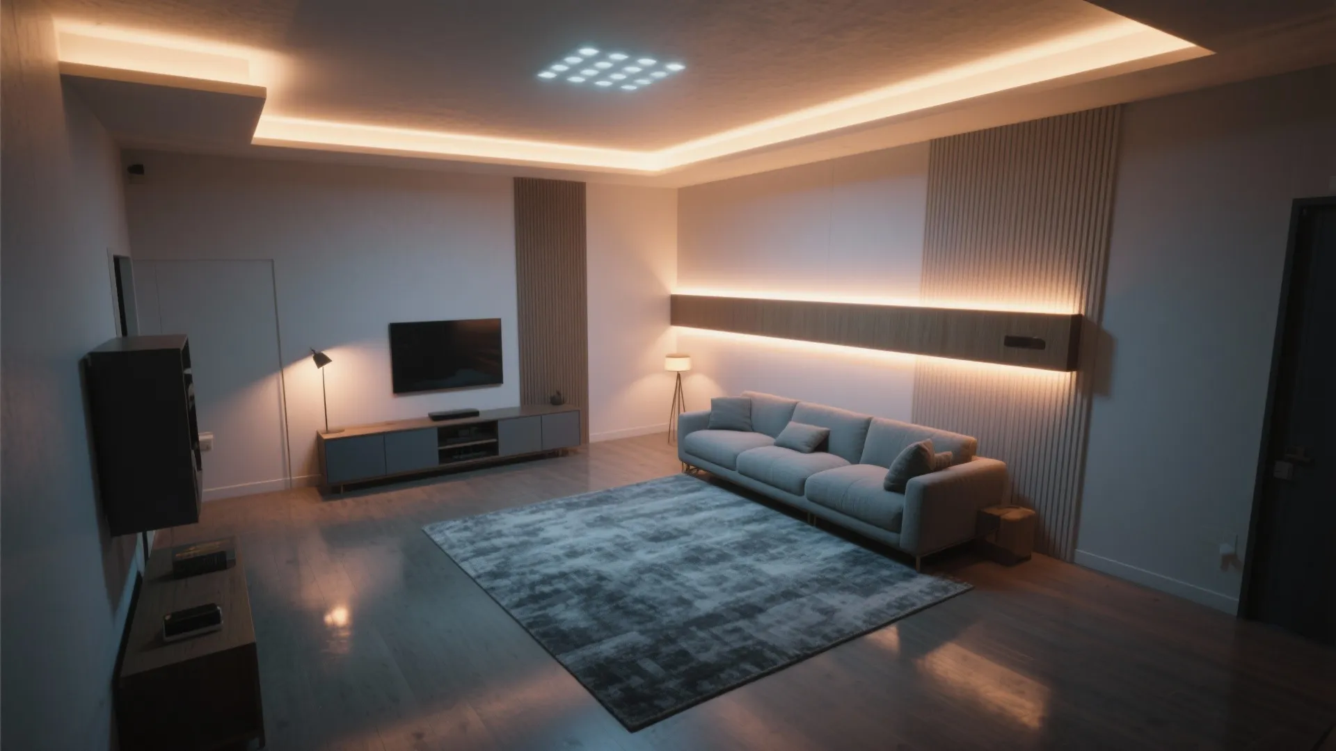 Modern living room with grey sofa and warm ceiling light and wall panel and grey rug