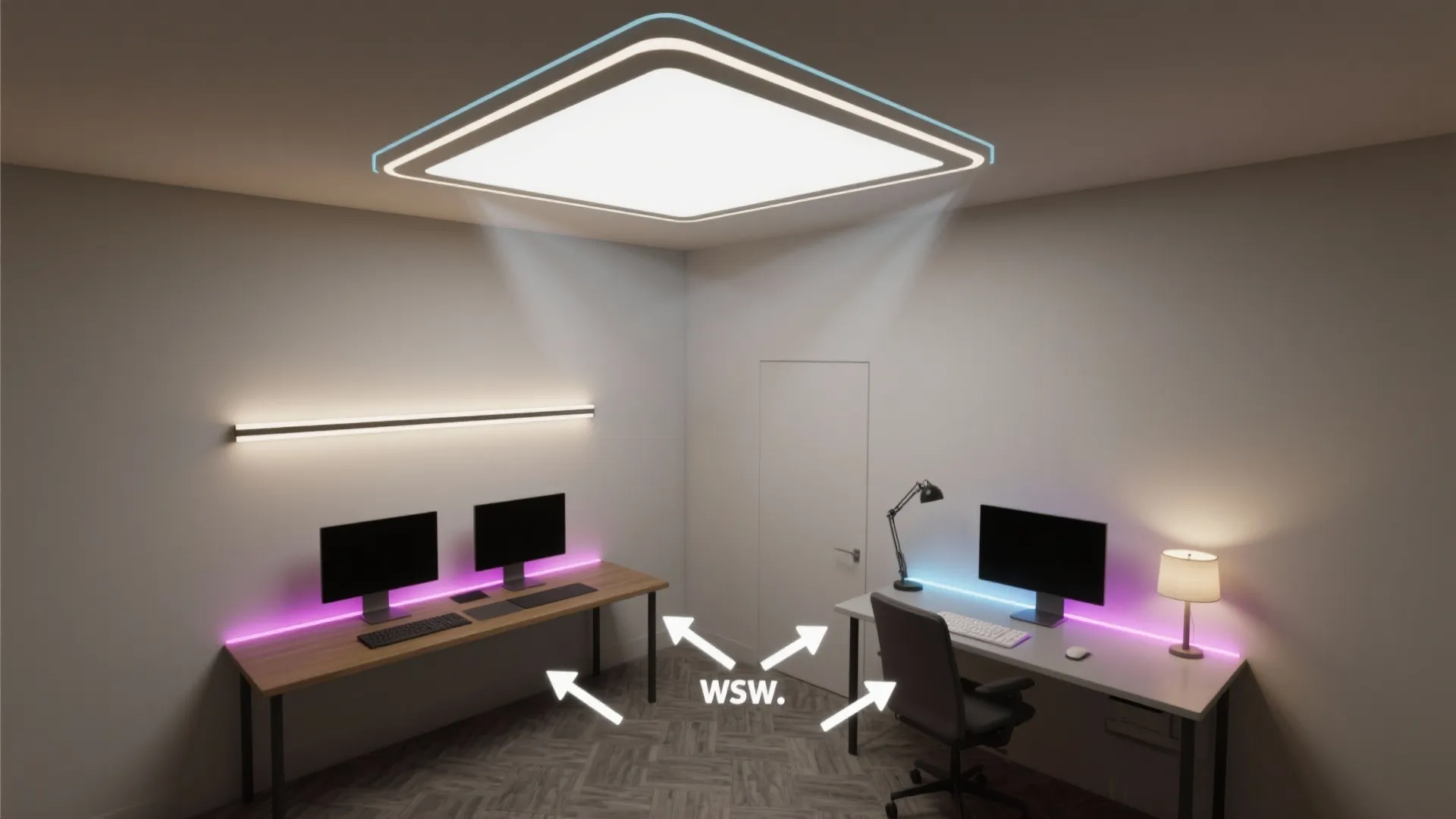 Interior design drawing of home office room layout showing large ceiling light and colorful lights
