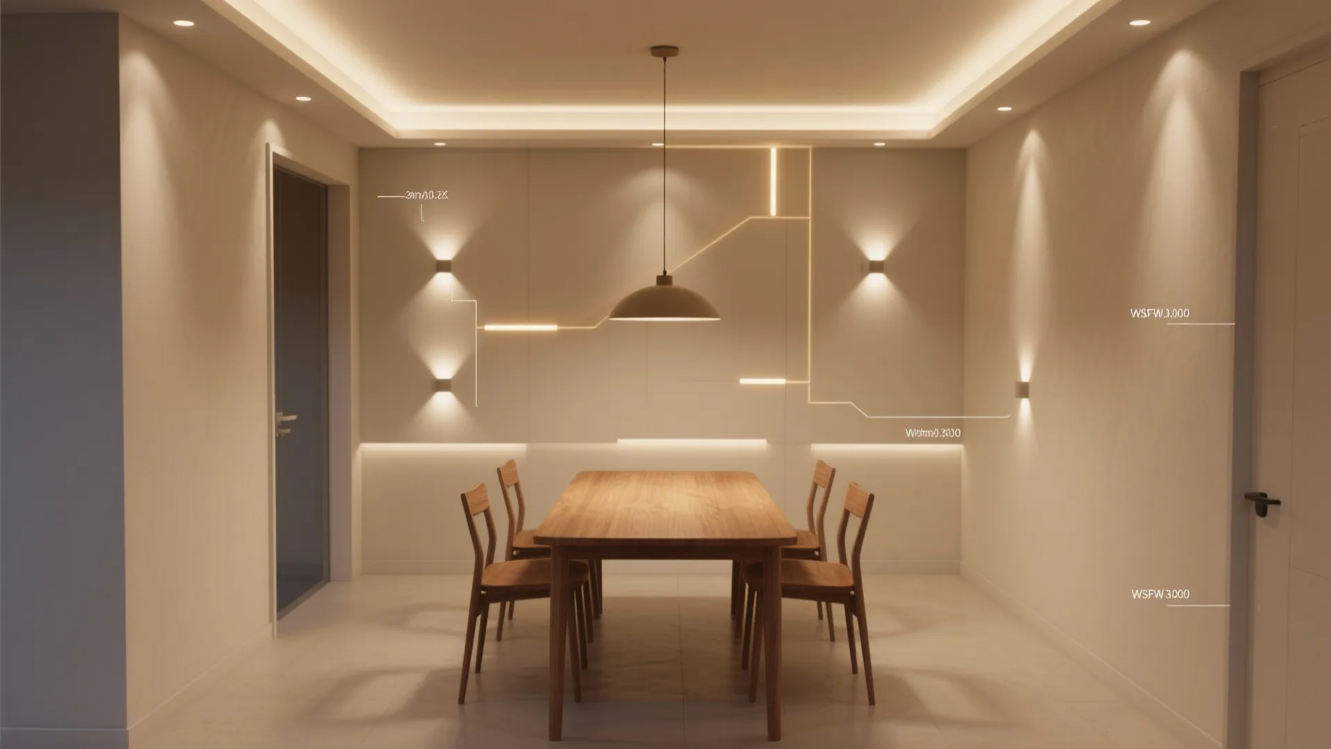 Modern dining room with wooden table four chairs ceiling light and warm wall light fixtures