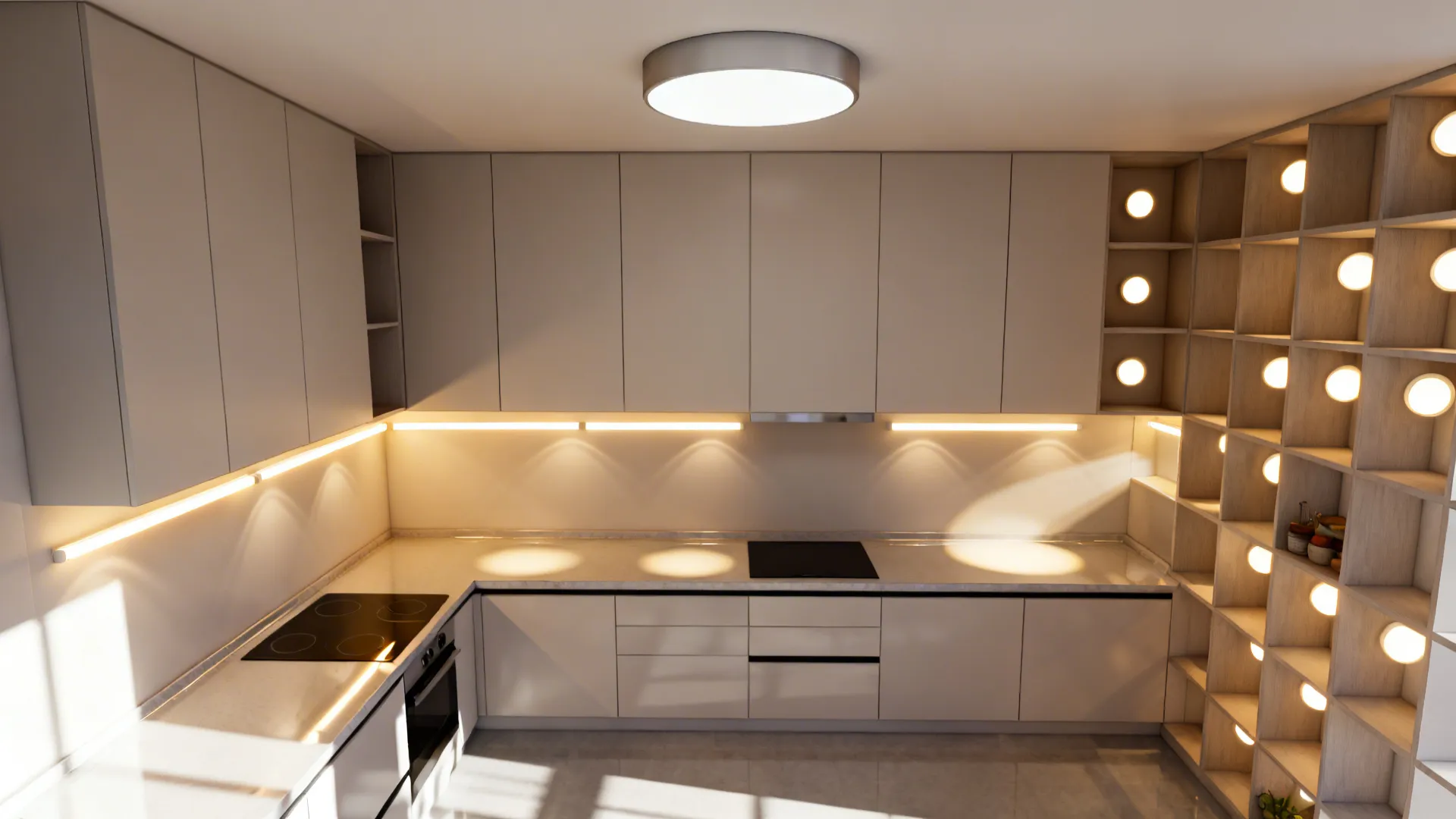 Top-down compact kitchen lighting plan showing task, ambient, and accent zones.