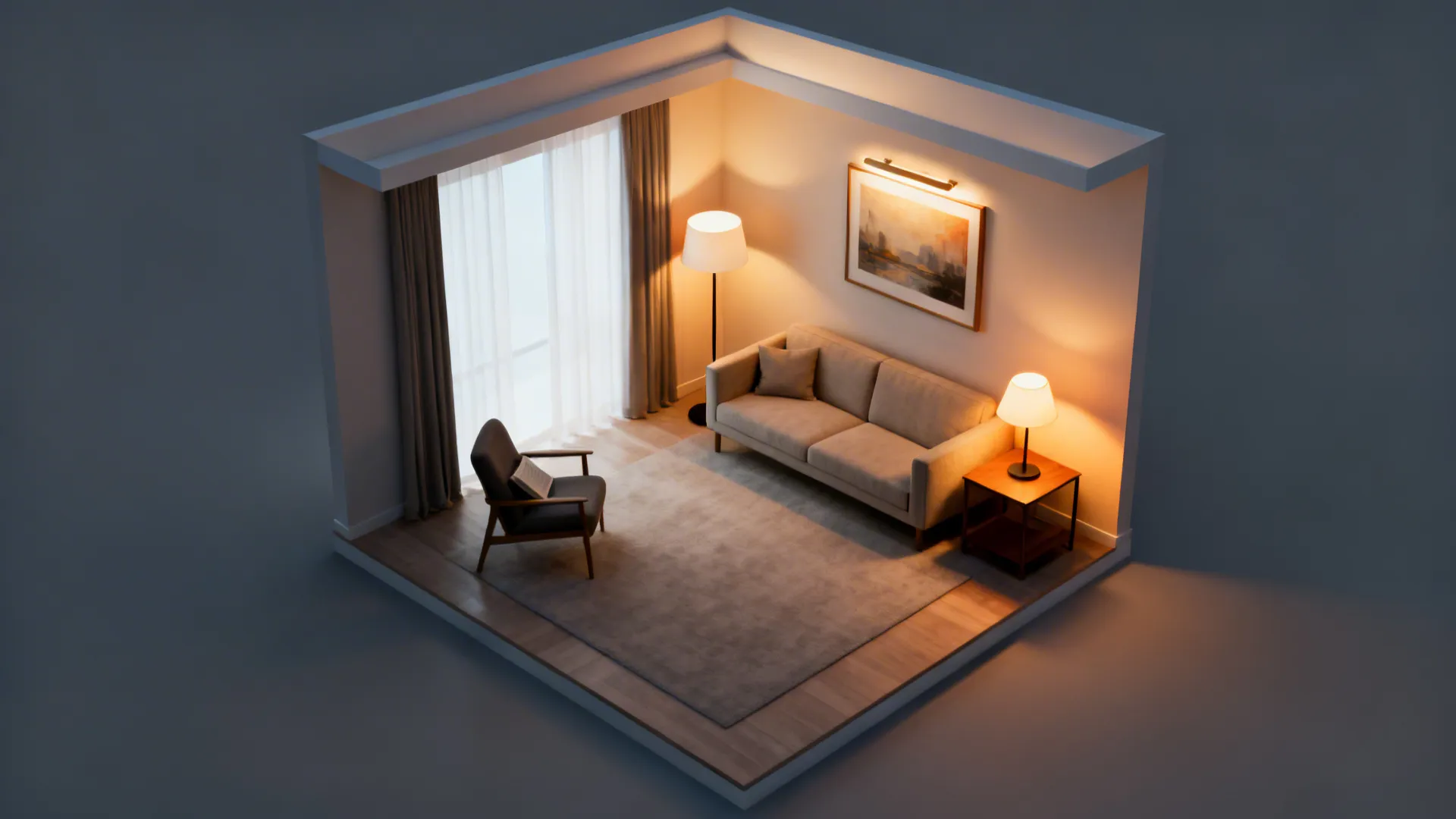 Top-down visualization of ambient, task, and accent lighting zones in a living room.