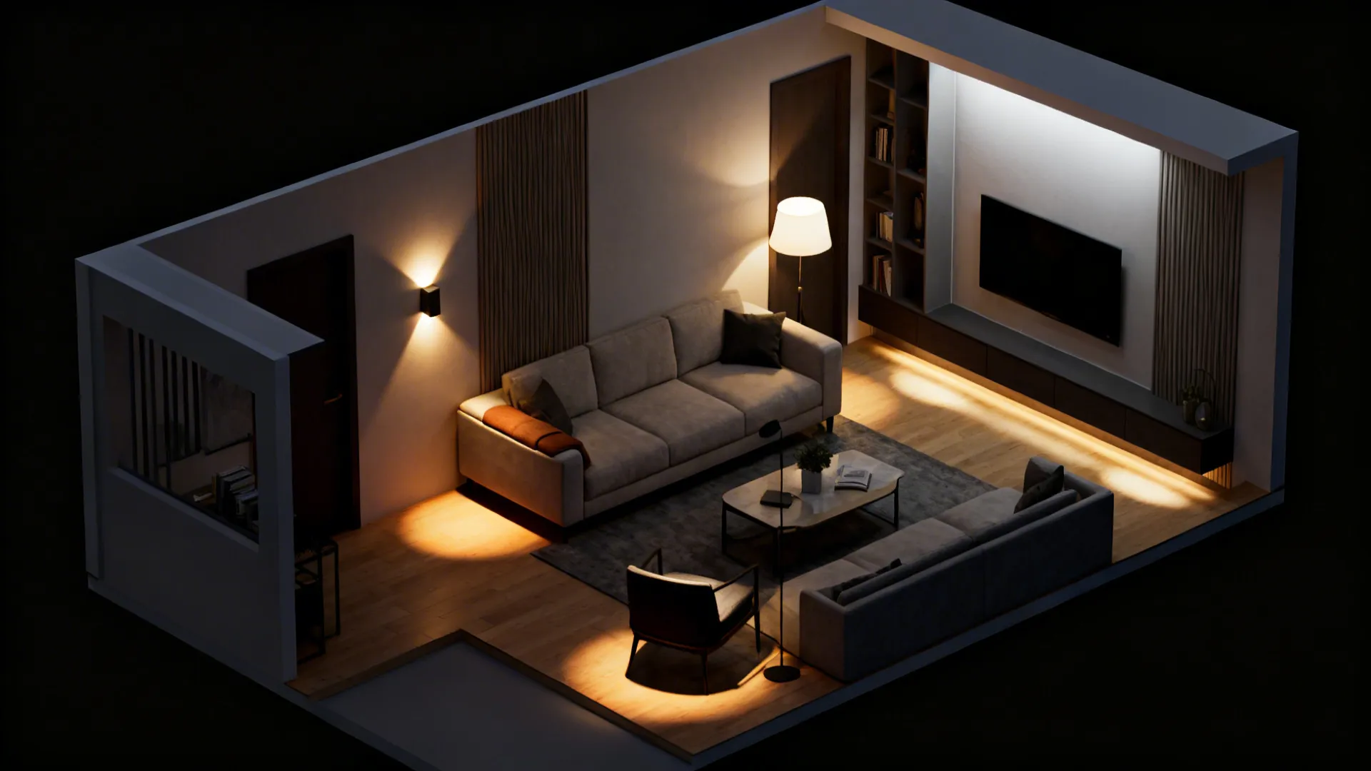 Top-down scene mapping ambient, task, and accent lighting zones in a small living room.