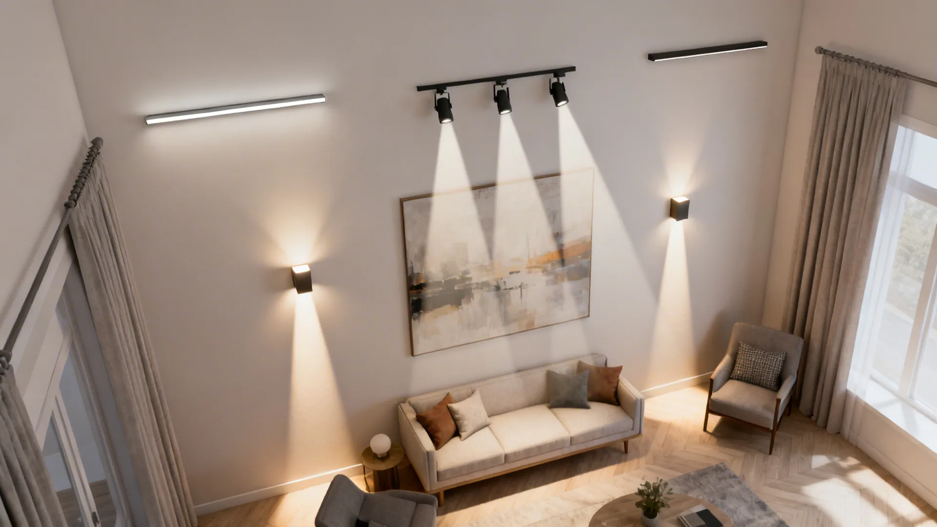 Top-down visualization of layered surface-mounted lighting with beam spreads.