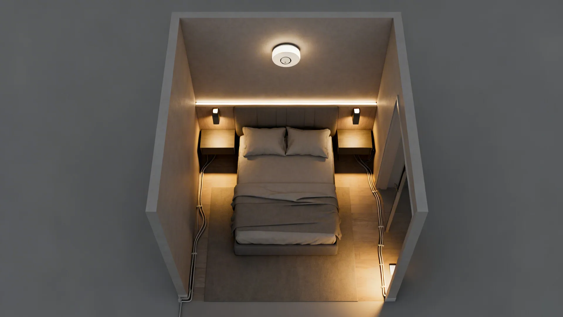 Top-down lighting plan showing overhead dimmer, bedside sconces, and a hidden headboard LED strip.