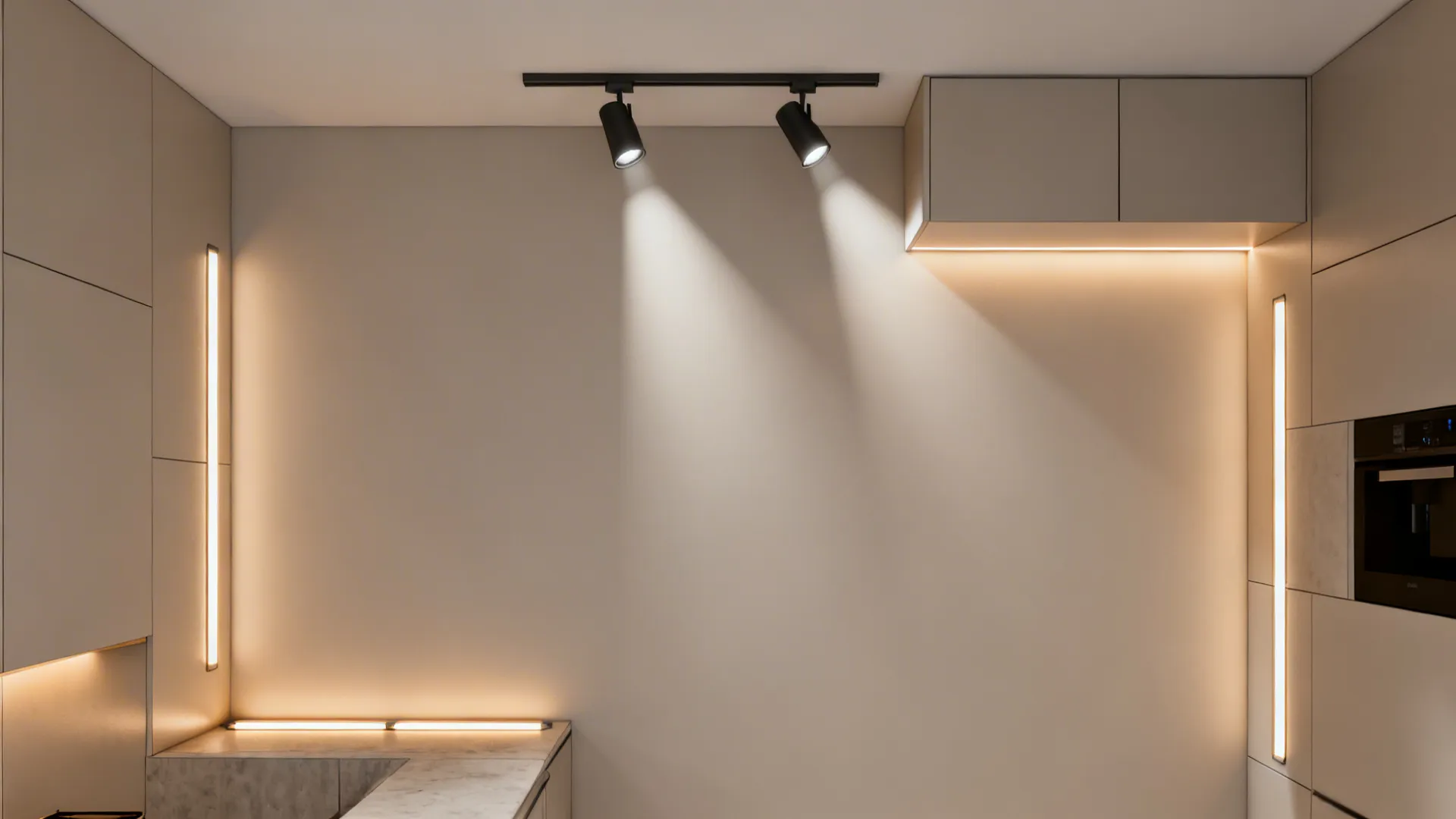 Top-down lighting plan showing under-cabinet bars, track spots, and cove uplight in a small kitchen.