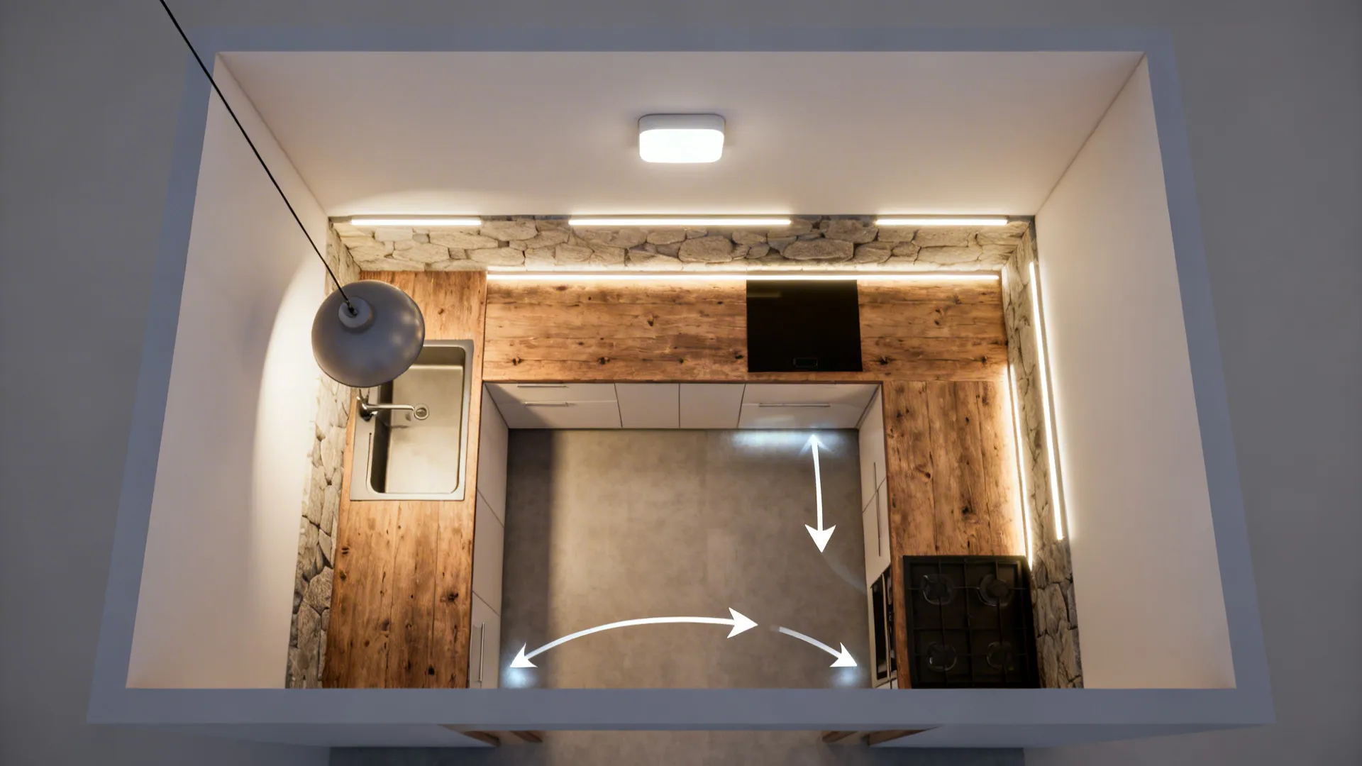 Top-down view of a small kitchen lighting triangle with pendant, under-cabinet strips, and a flush mount.