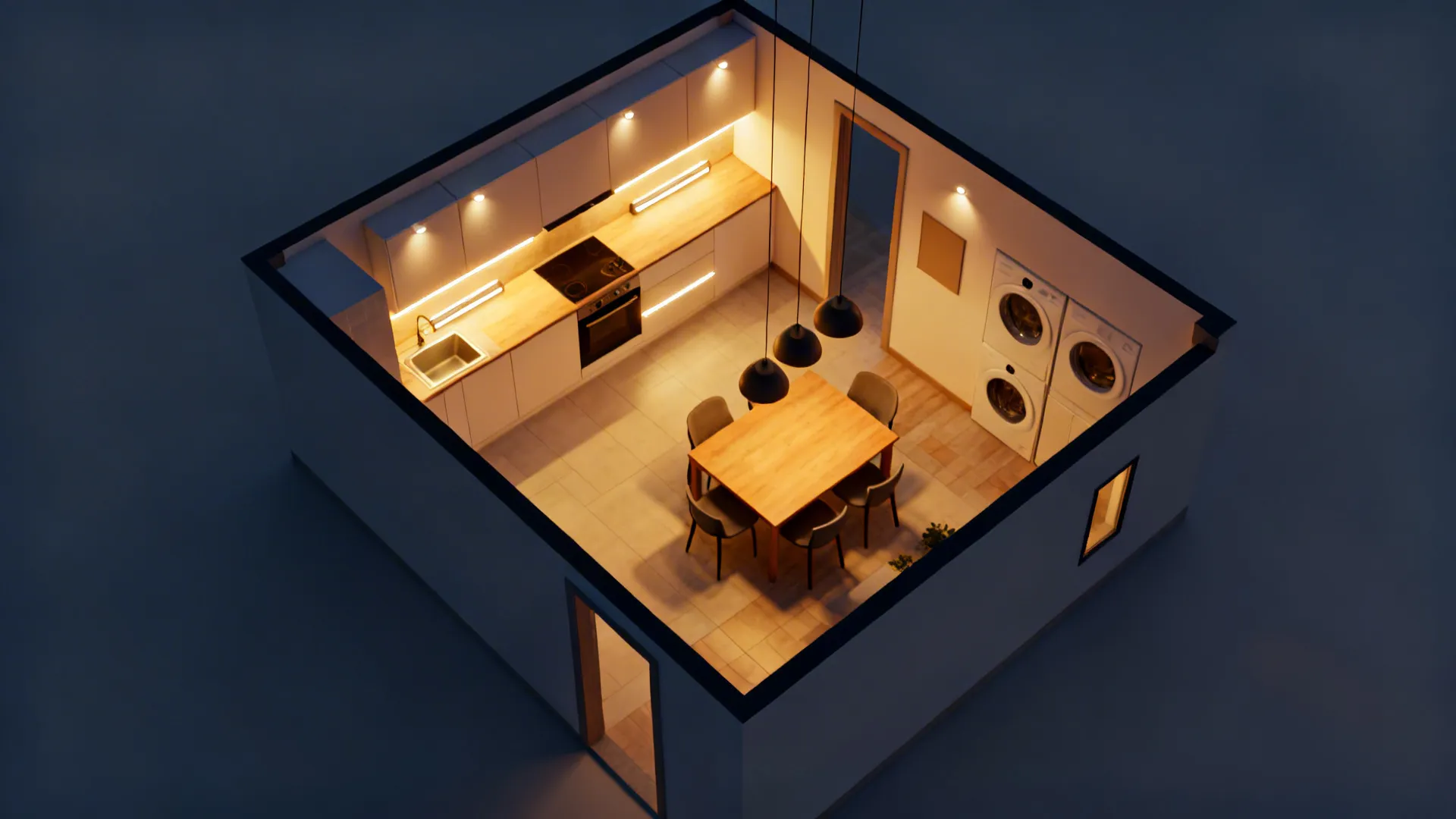 Top-down lighting plan showing ambient, task, pendants, and wall washers zoning an open plan.