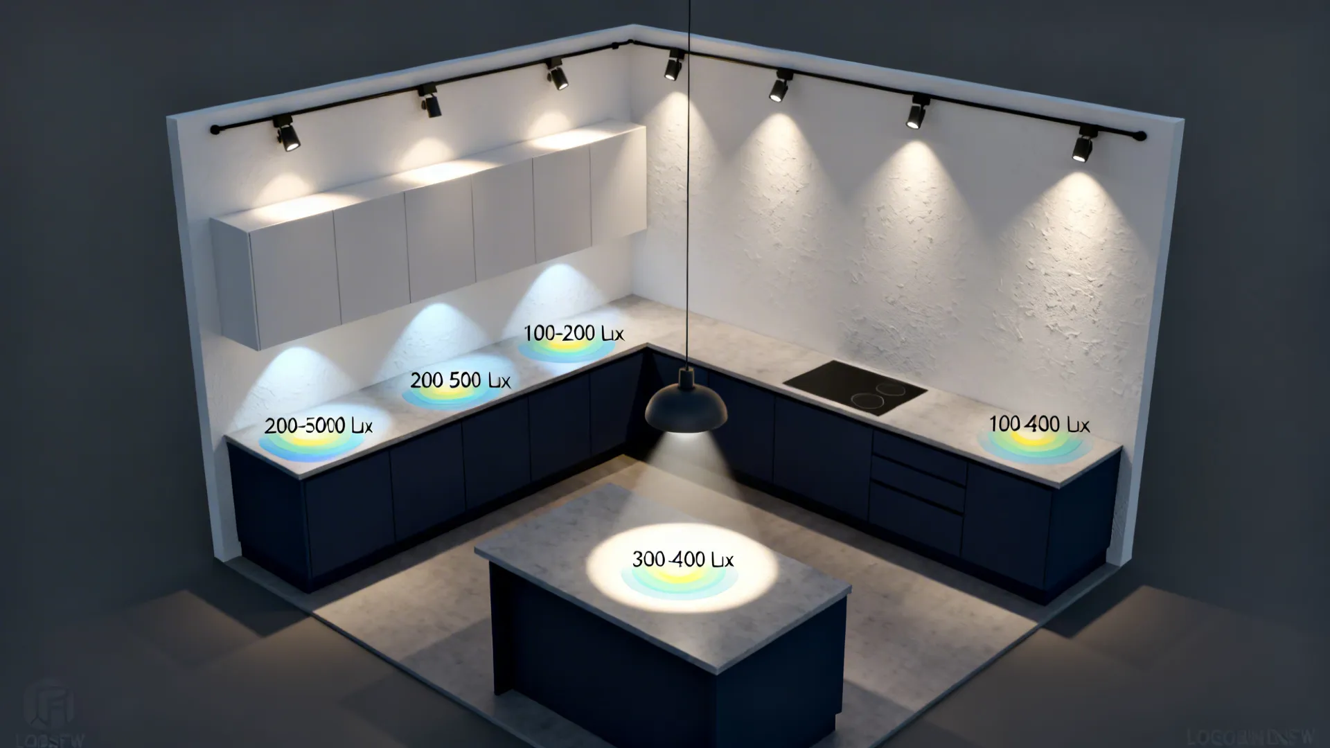 Top-down lighting plan showing task, ambient, and pendant layers in a small L-shaped kitchen.